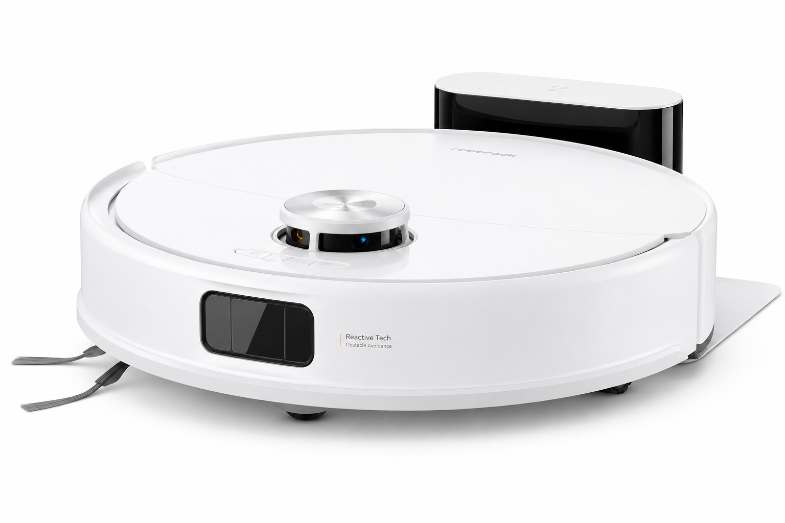 Un robot aspirapolvere bianco con navigazione laser su sfondo bianco.