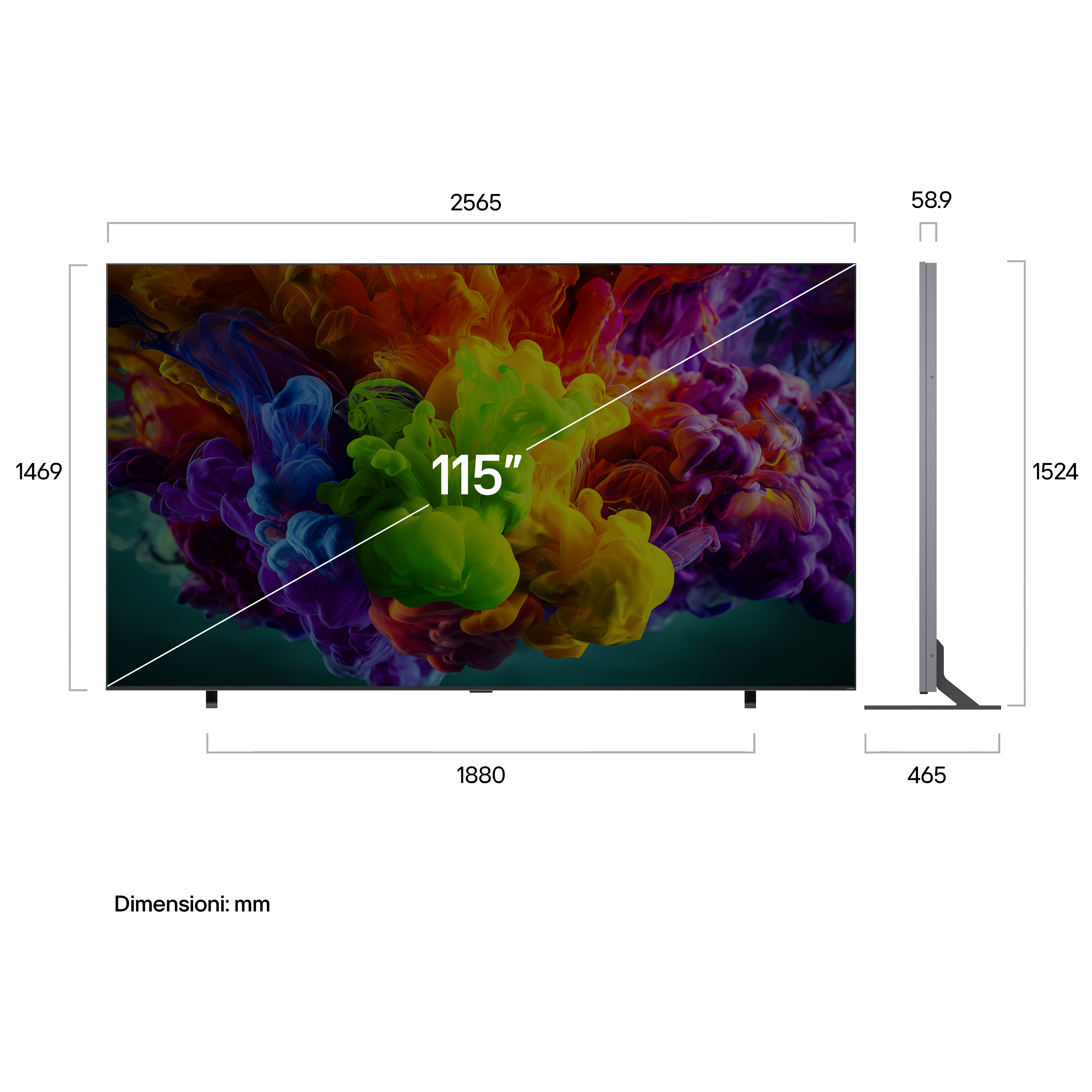 Disegno tecnico di un televisore da 115 pollici con dimensioni in millimetri e display colorato.