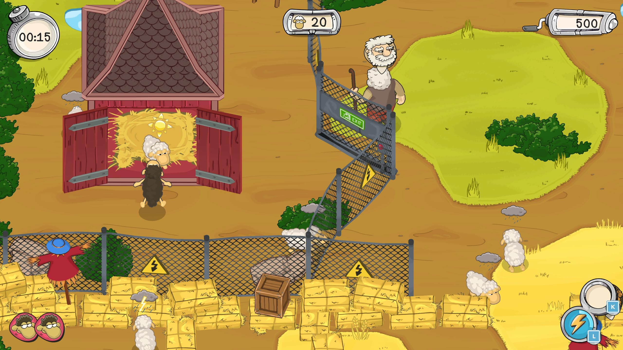 Ein Schäfer steht an einem Zaun in einer Farm mit Schafen, einer roten Scheune und Heuballen.