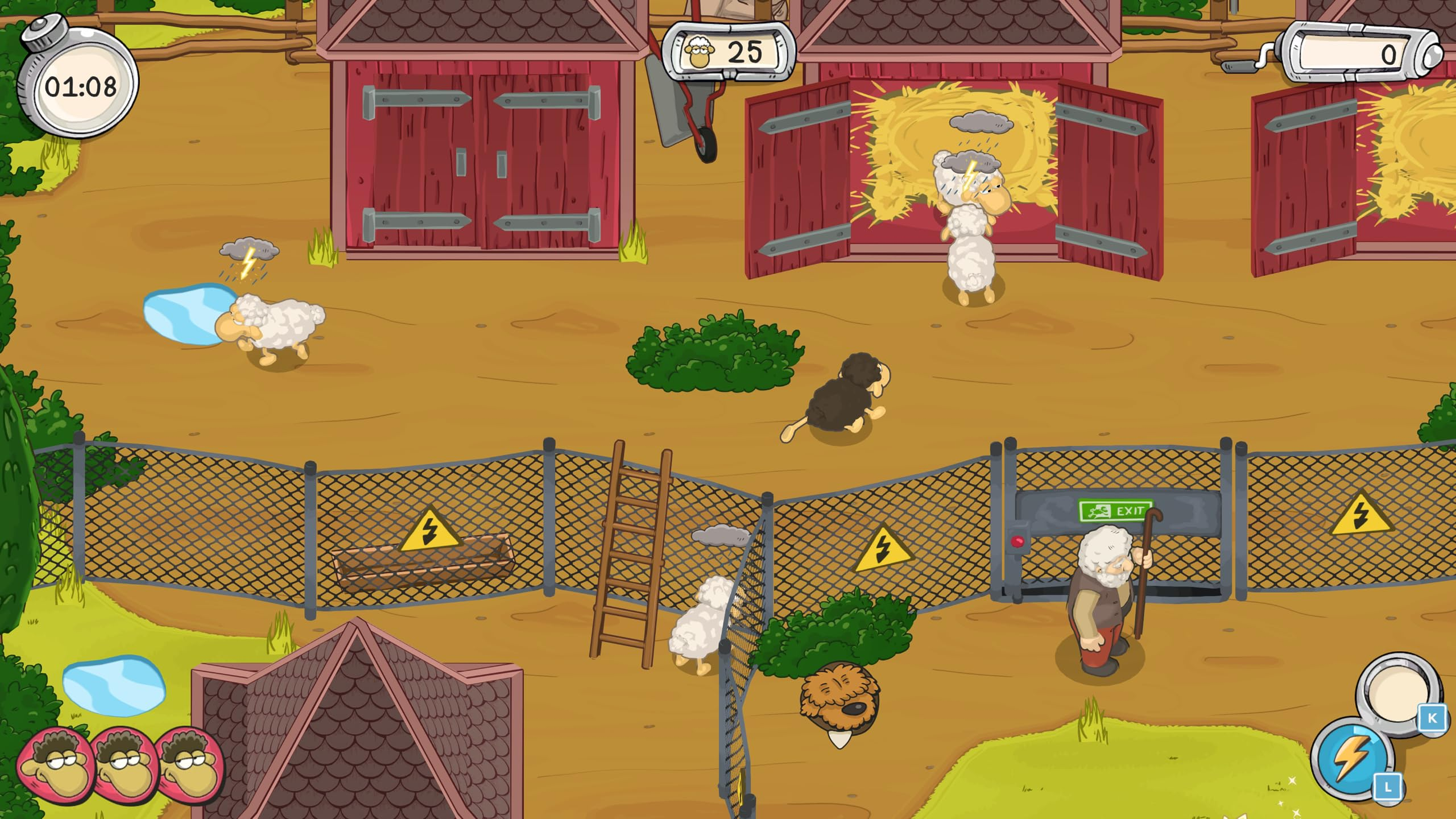 Spielszene mit Schafen auf einer Farm, roten Scheunen, Zäunen, einem Hirten und UI-Elementen am Rand.