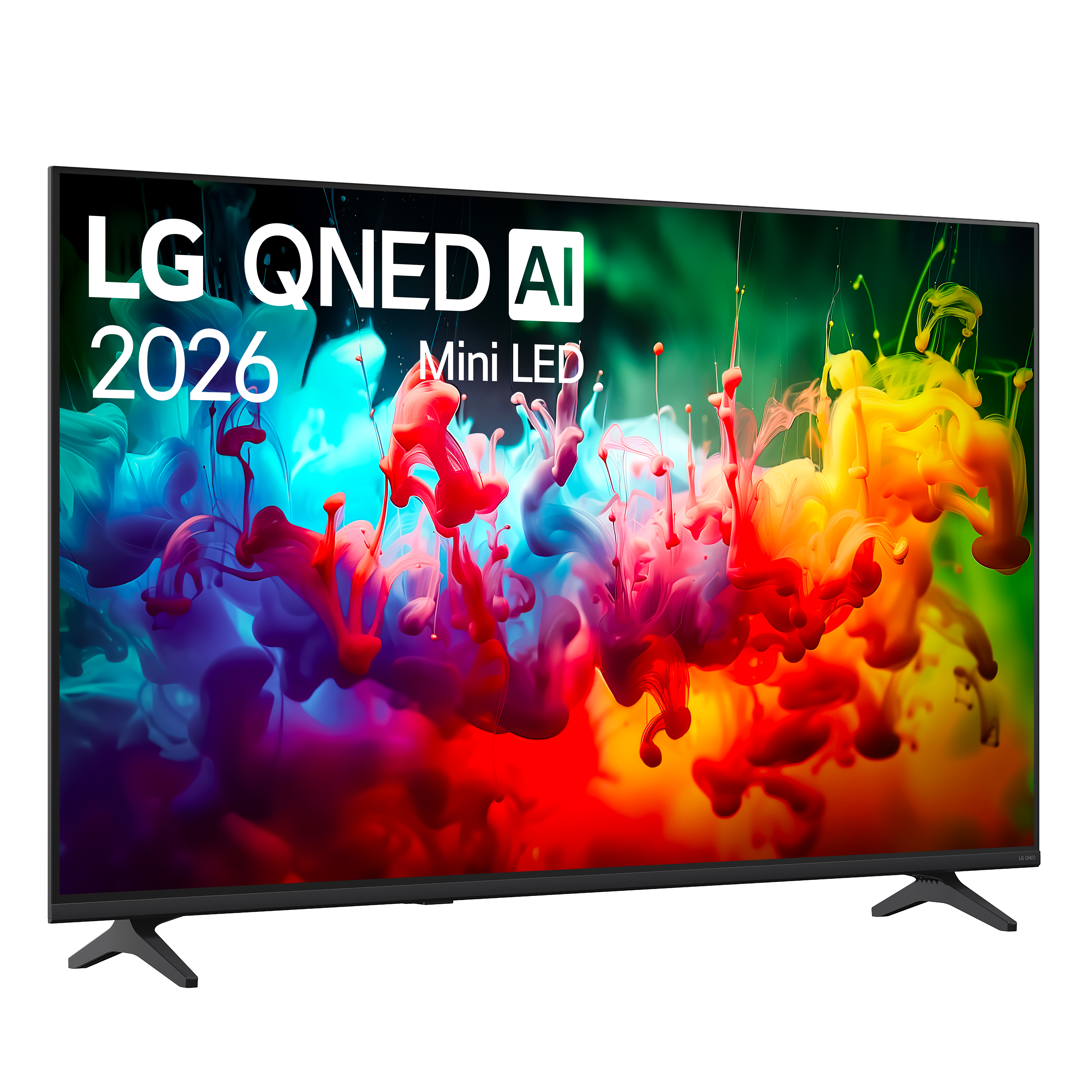 Canlı ve renkli soyut mürekkep desenleri gösteren LG QNED AI Mini LED 2026 TV.