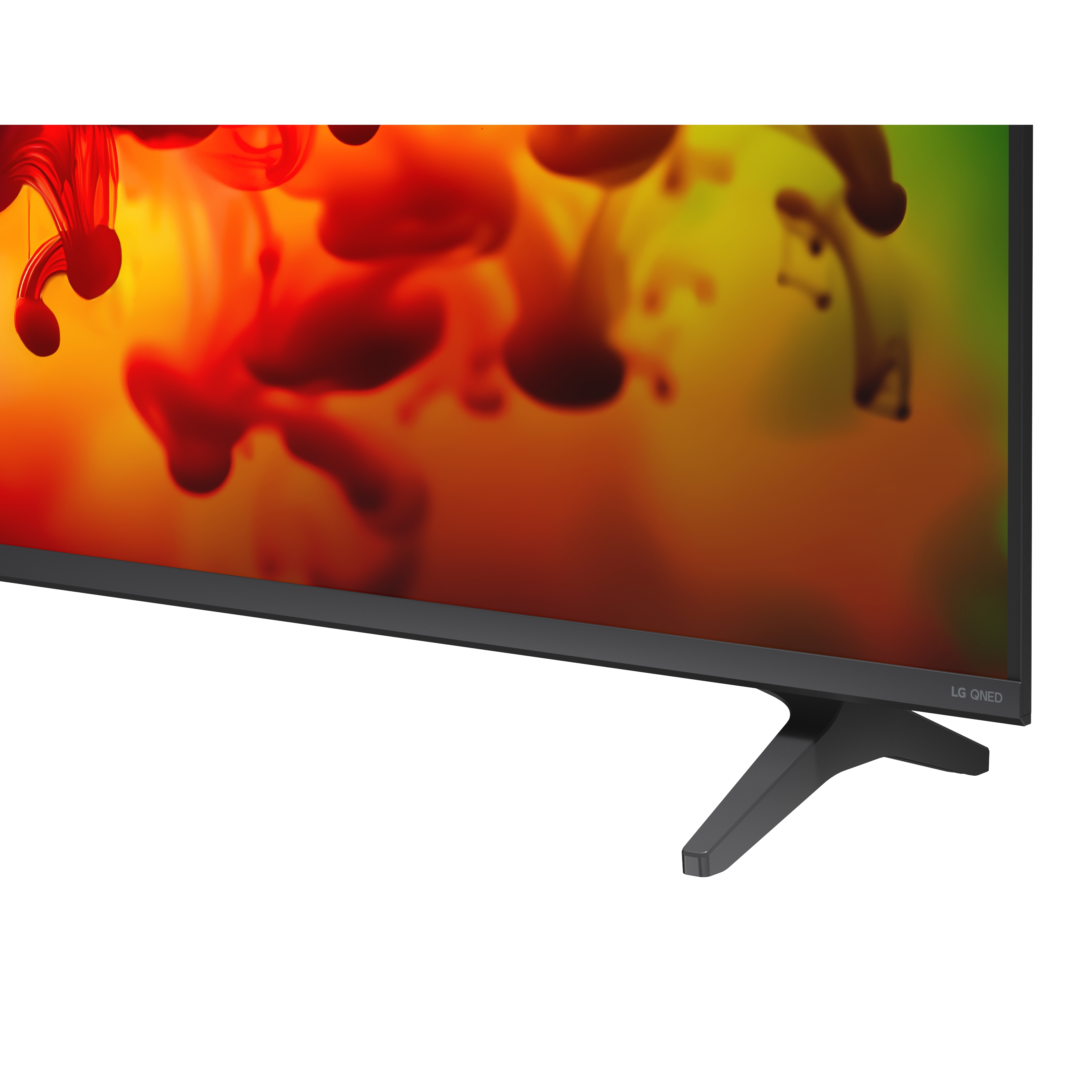 Ekranında soyut, renkli bir görüntü olan ve siyah standa sahip bir LG QNED TV'nin yakın plan görüntüsü.