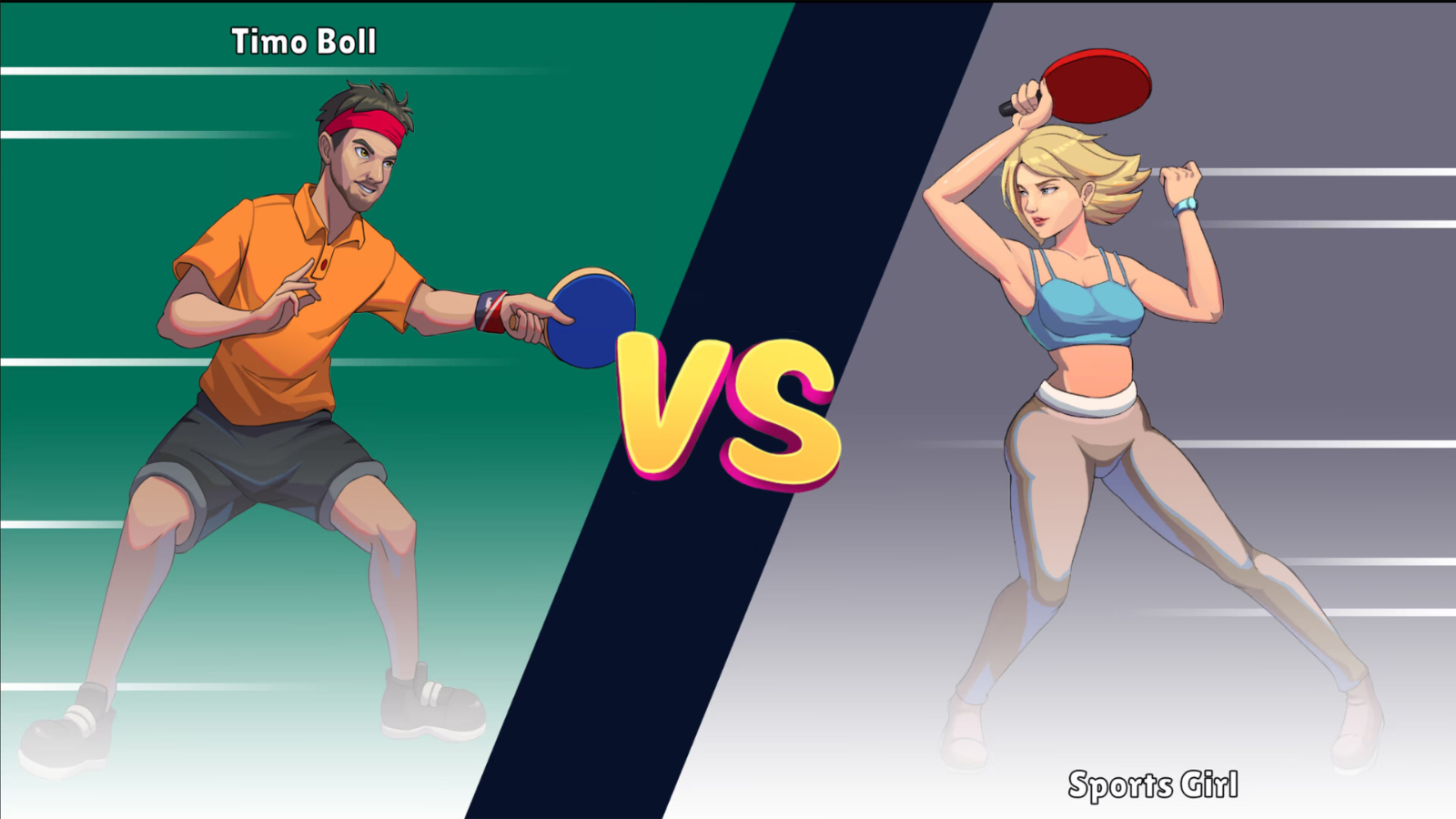 Illustration von Timo Boll links und einem sportlichen Mädchen rechts beim Tischtennis, getrennt durch ein VS.