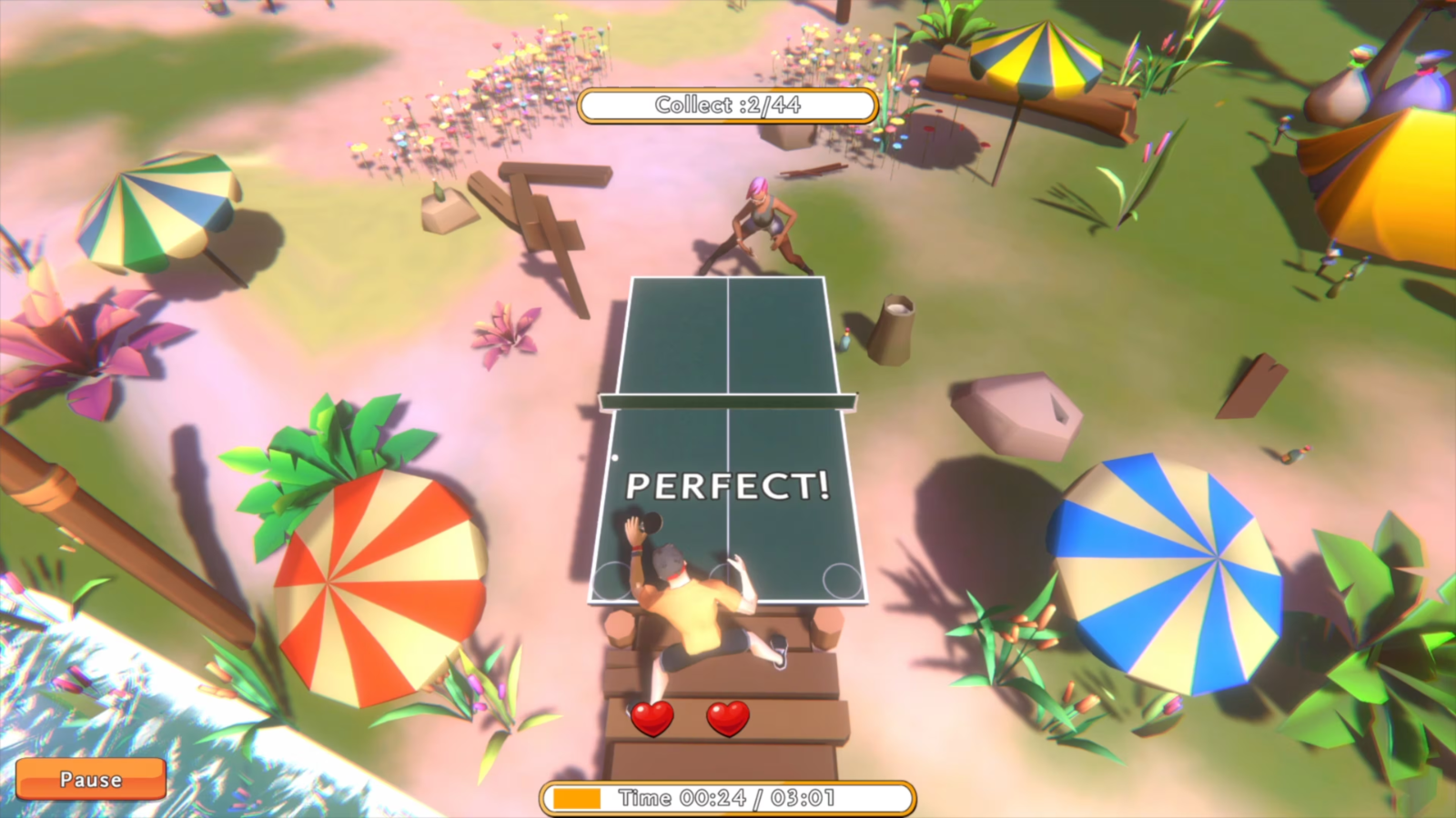 Top-down-Ansicht eines Tischtennisspiels im Freien mit bunten Sonnenschirmen und Blumen.