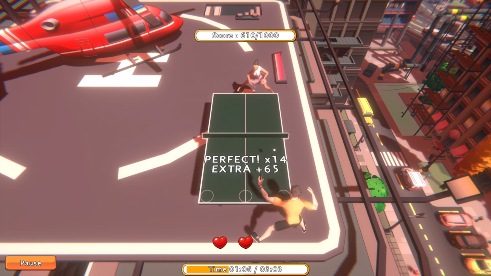 Ein Videospiel zeigt zwei Personen beim Tischtennis auf einem Hubschrauberlandeplatz.