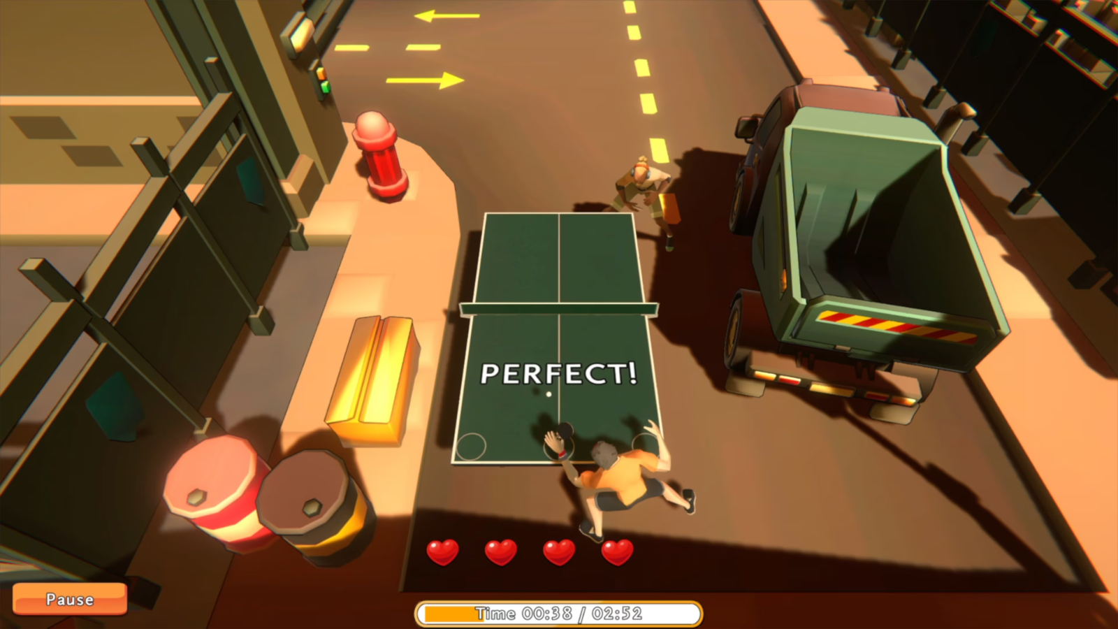 Ein Pingpong-Tisch auf einer Straße mit einem Lastwagen, Fässern und vier Herzen als Lebensanzeige.