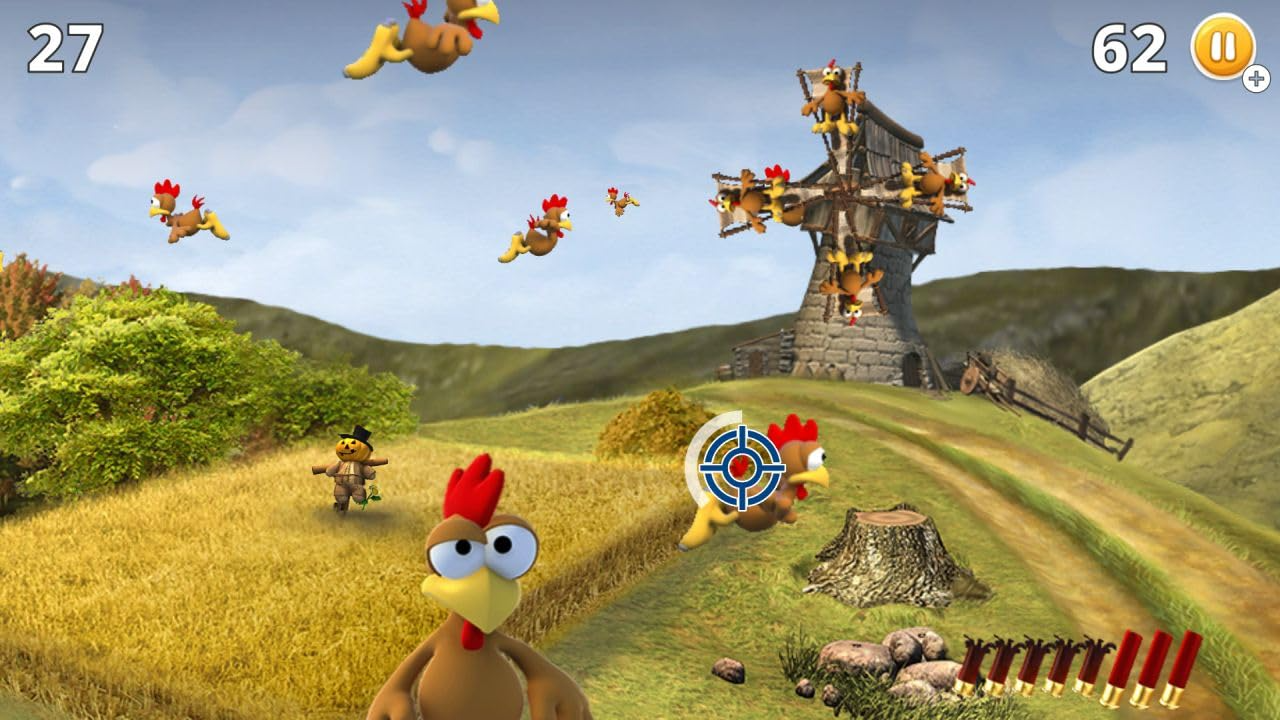 Ein Videospielszene mit fliegenden Hühnern, einer Windmühle und einem Zielkreuz über einem Huhn in einer ländlichen Idylle.