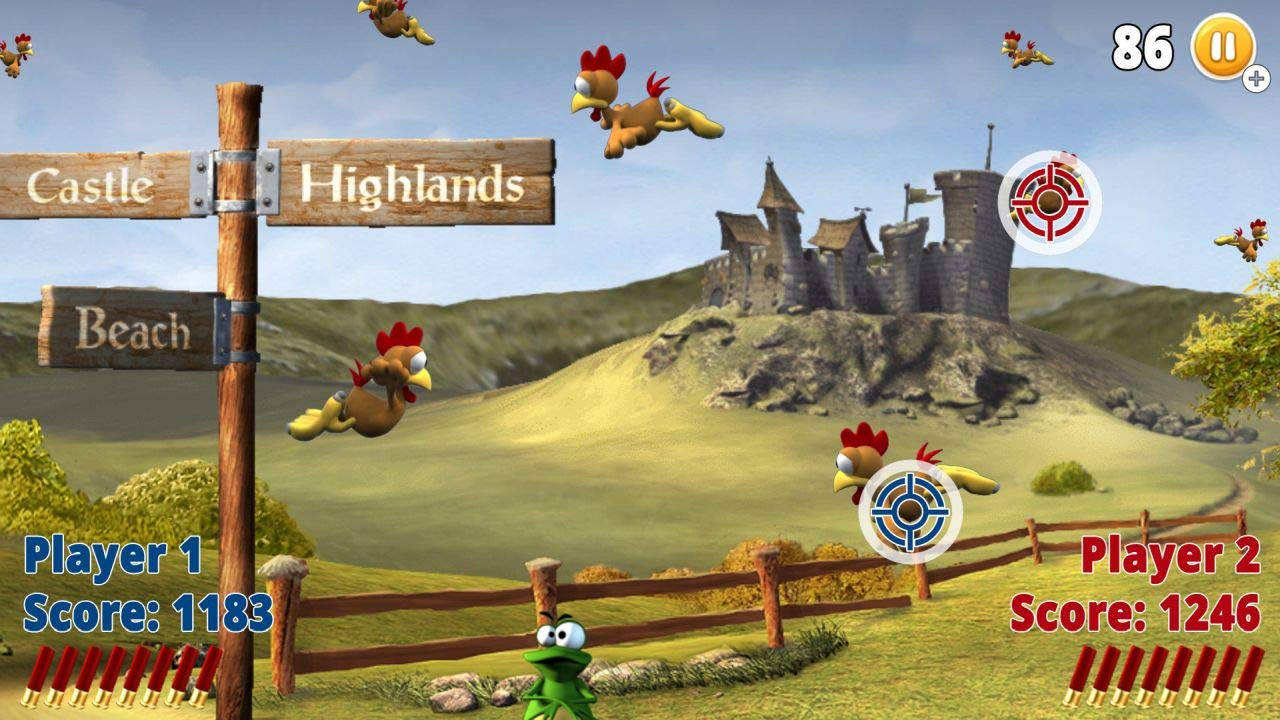 Eine cartoonartige Landschaft mit holzernem Wegweiser, fliegenden Hühnern, Zielscheiben und einer alten Burg im Hintergrund.