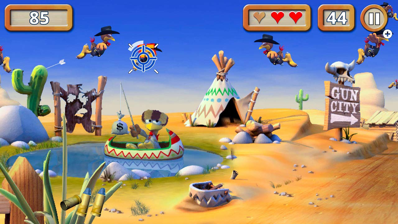 Western-Spielszene mit Vögeln, einem Tipi, Kaktus und einem Charakter im Boot vor einer Wüstenlandschaft.