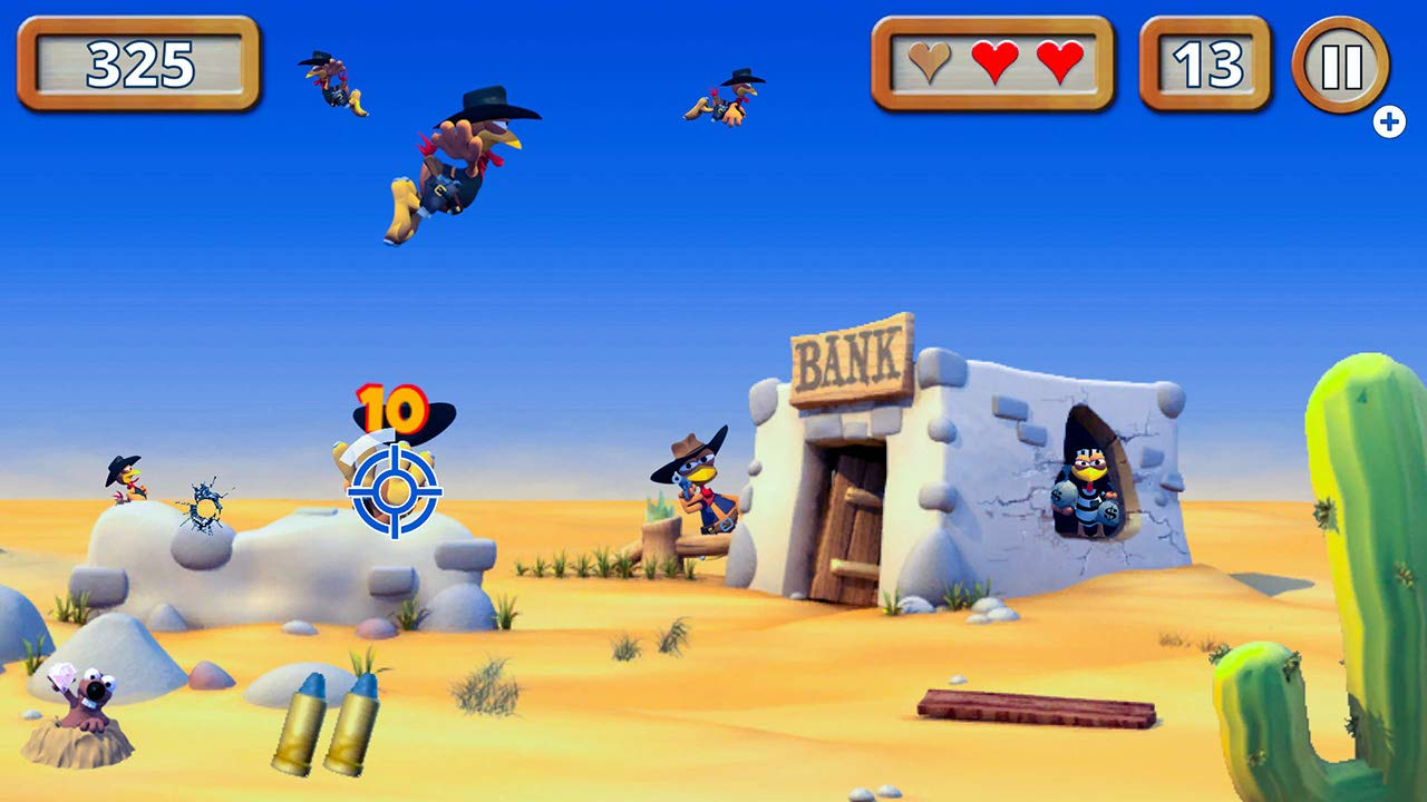 Ein Western-Spielbildschirm mit Kakteen, einer Bank, Zielen und fliegenden Vogelfiguren in einer Wüstenlandschaft.