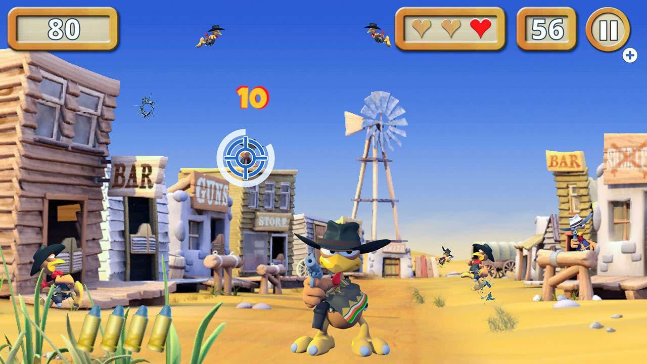 Western-Videospielszene mit Cowboy-Hühnern, Holzgebäuden, einer Windmühle und UI-Elementen.