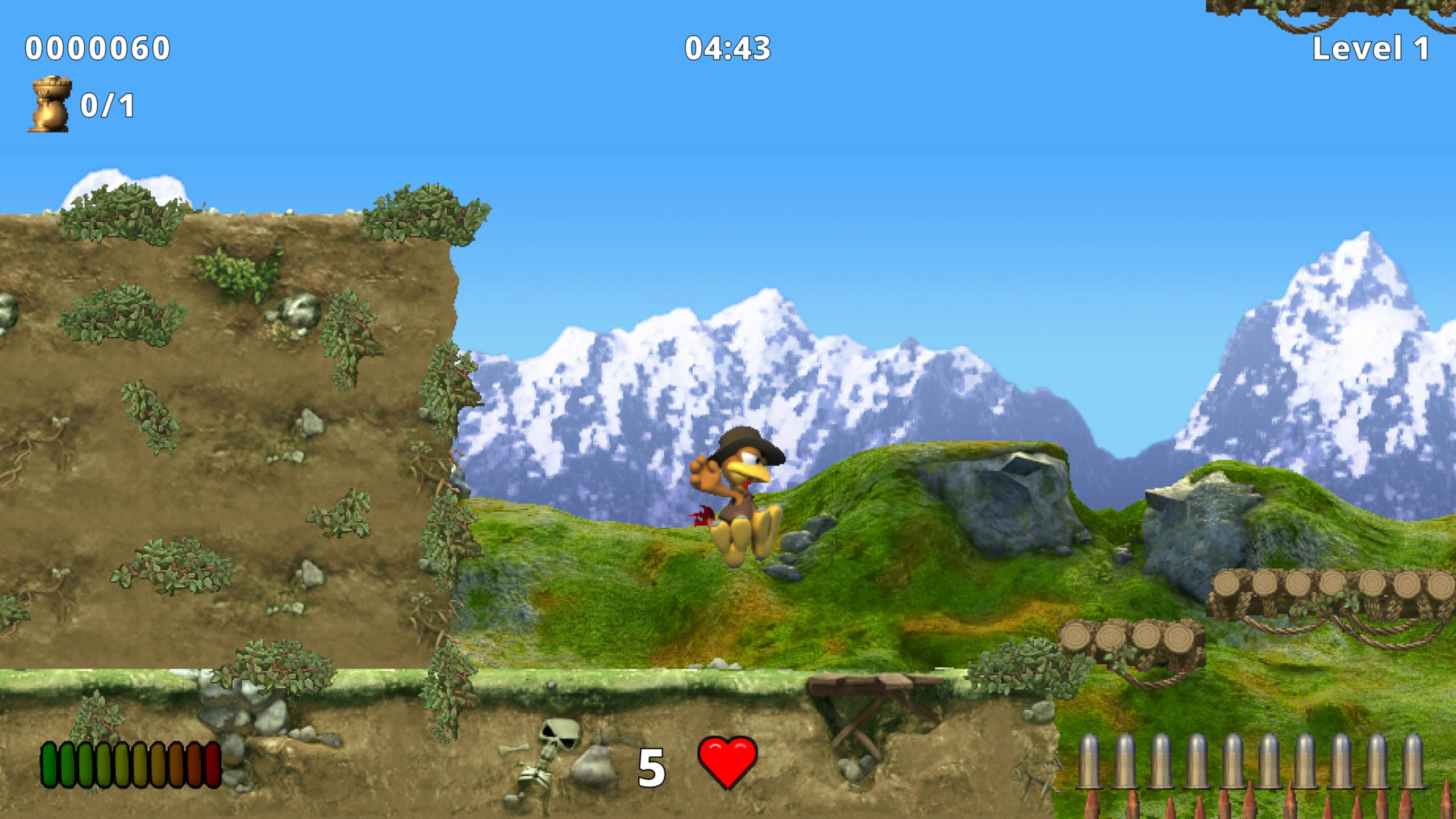 Ein gelber Cartoon-Vogel springt vor einer bergigen Landschaft in einem Videospiel.