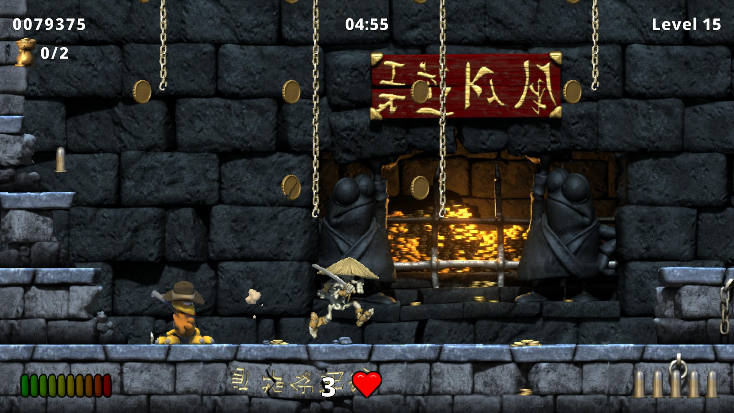Ein Videospiel-Bildschirm mit Skelettcharakteren vor einer Steinwand voller Goldmünzen und Ketten.