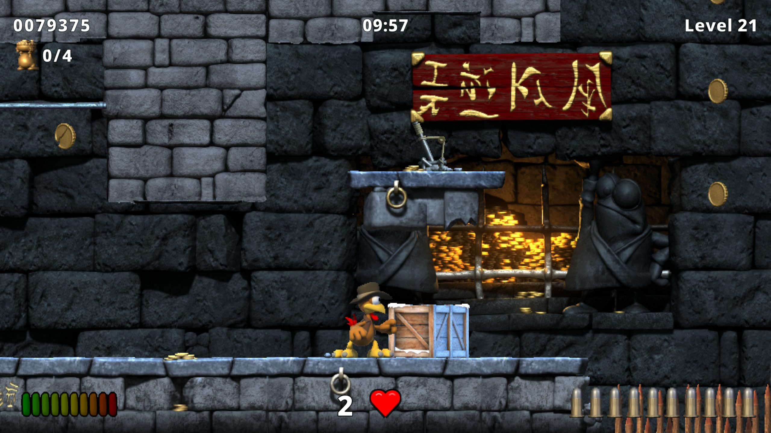 Ein gelber Charakter mit Hut schiebt eine Kiste in einer steinernen Dungeon-Level-Szene.