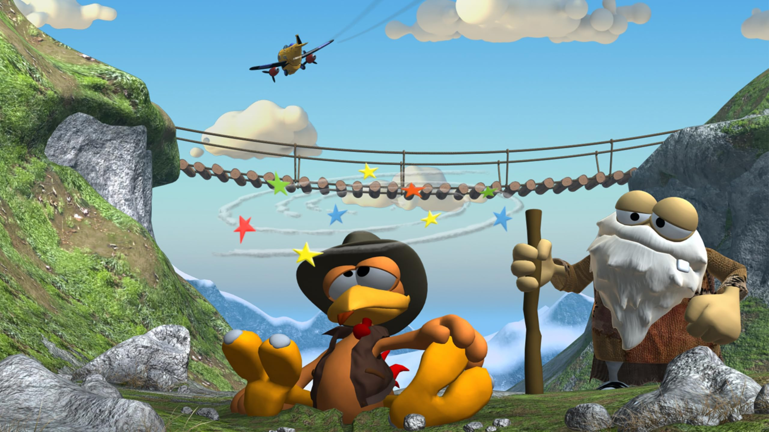 Dizzy Huhn sitzt mit Cowboyhut vor Brücke, während alter Mann mit Stab zuschaut und Flugzeug am blauen Himmel kreist.