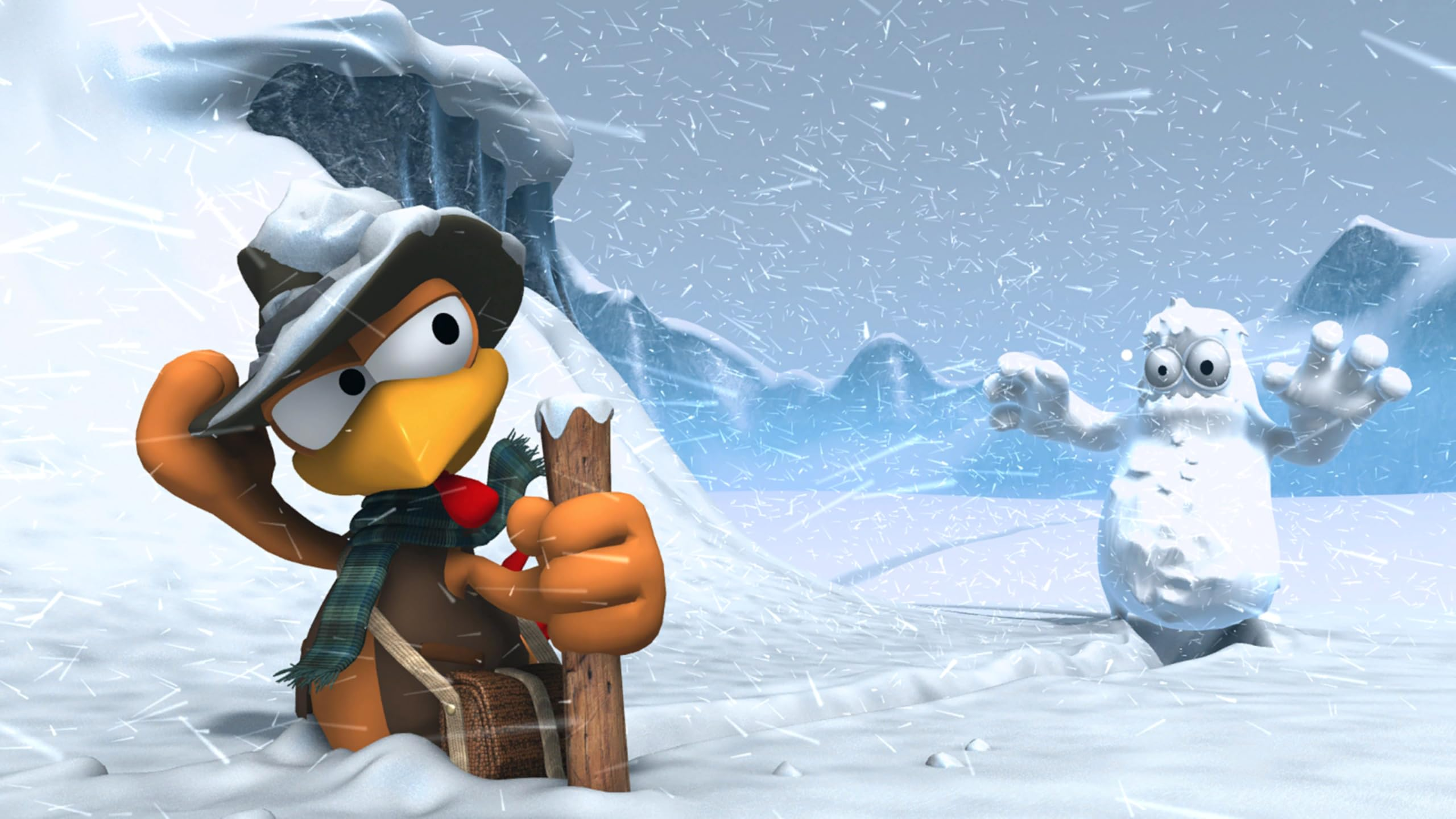 Ein Huhn mit Hut und Schal steht im Schnee, während im Hintergrund ein Schneemonster auftaucht.