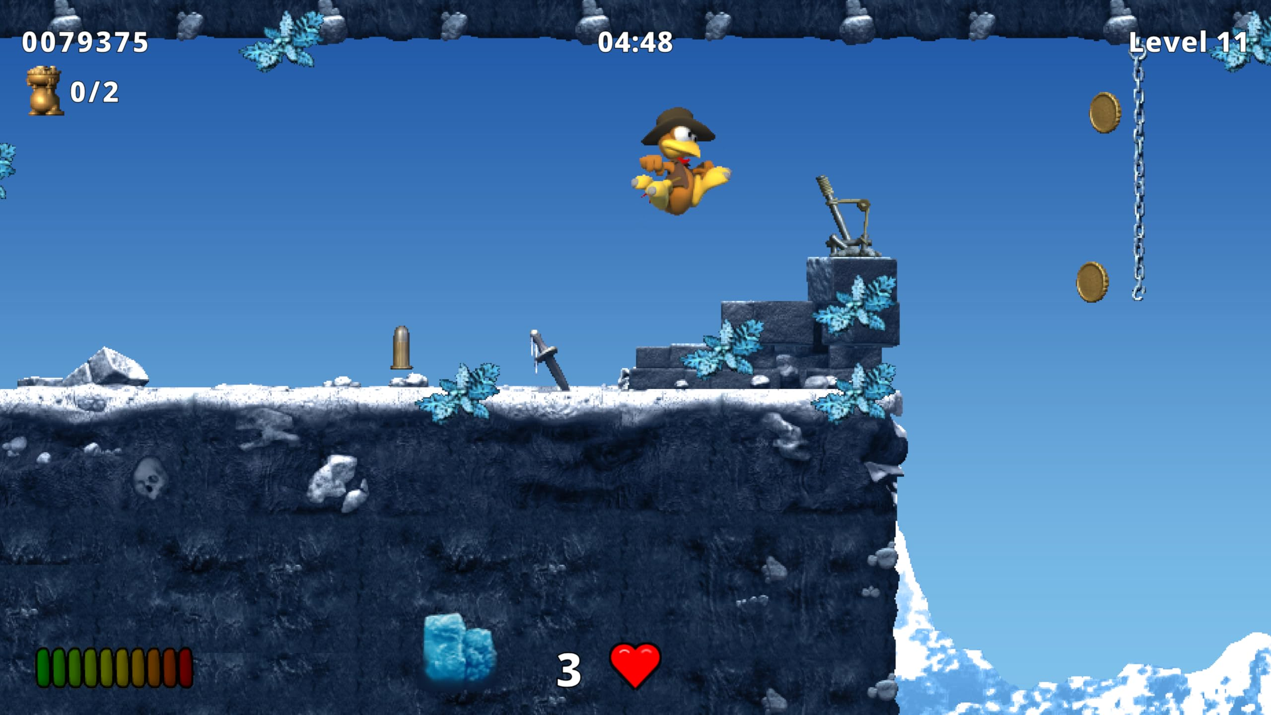 Ein gelber Vogel mit Hut springt auf einer verschneiten Klippe in einem Videospiel.