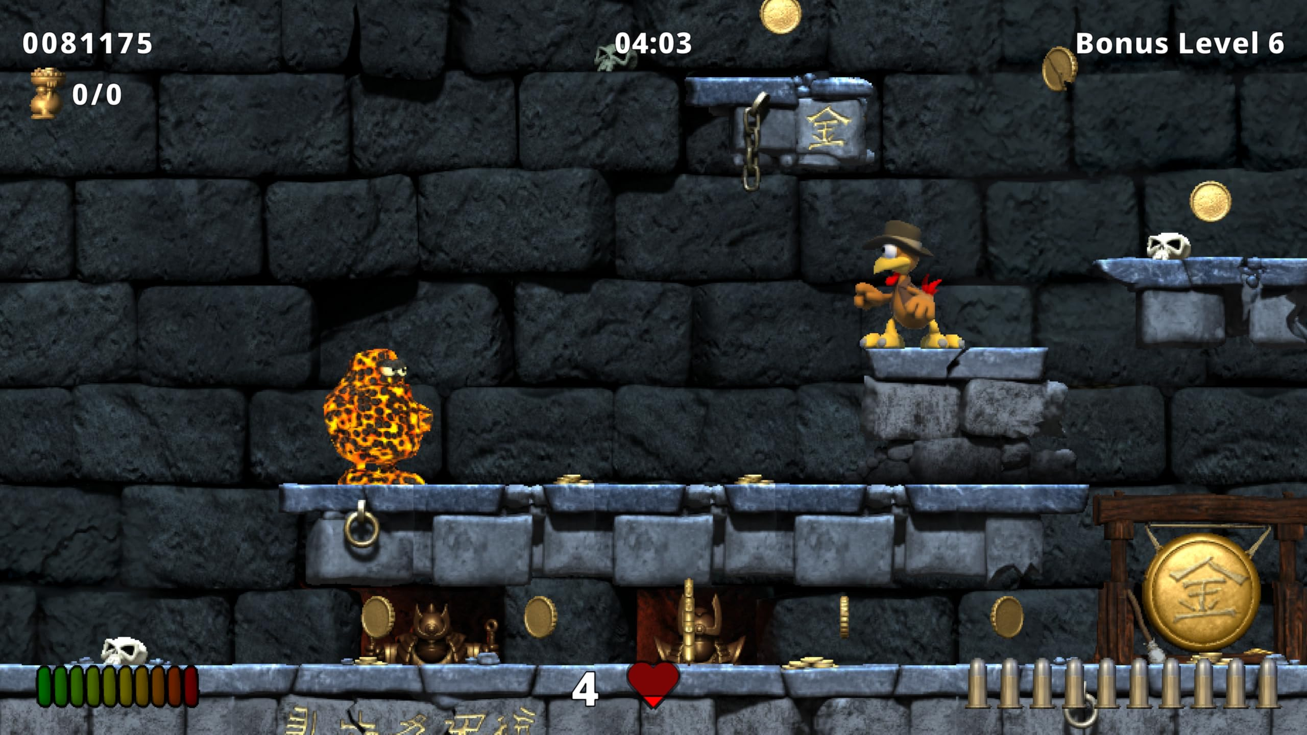 Ein Videospiel-Level mit Steinwänden, einer Spielfigur mit Hut und einem Lavamonster auf Plattformen mit Goldmünzen.
