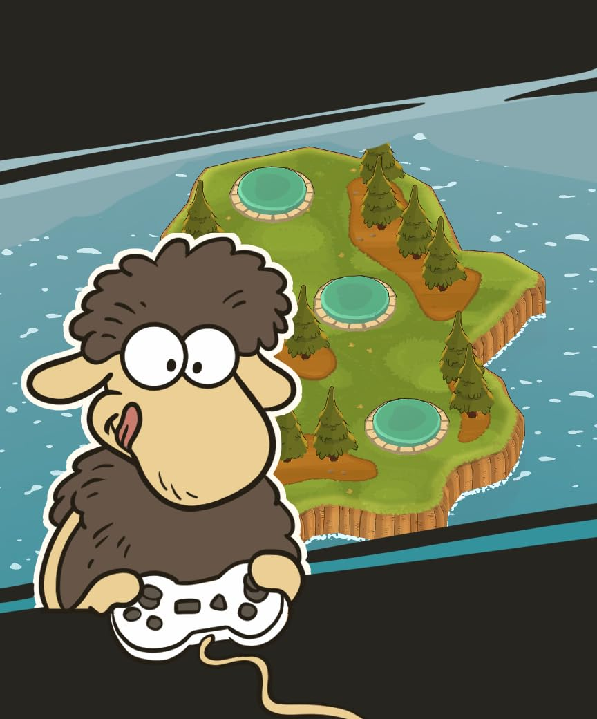 Ein cartoonartiges schwarzes Schaf hält einen Gamecontroller und spielt ein Videospiel von einer grünen Insel.