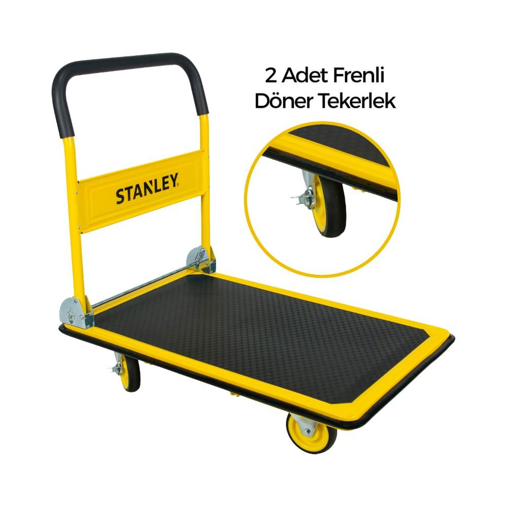 Frenli tekerleği gösteren büyüteçli ek ana sete sahip sarı ve siyah Stanley katlanır platform el arabası.