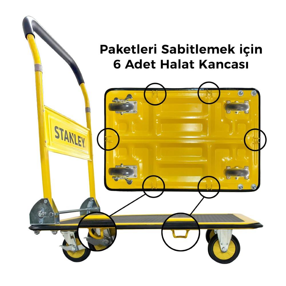 Paketleri sabitlemek için altı adet halat kancalı sarı renkli Stanley el arabası.