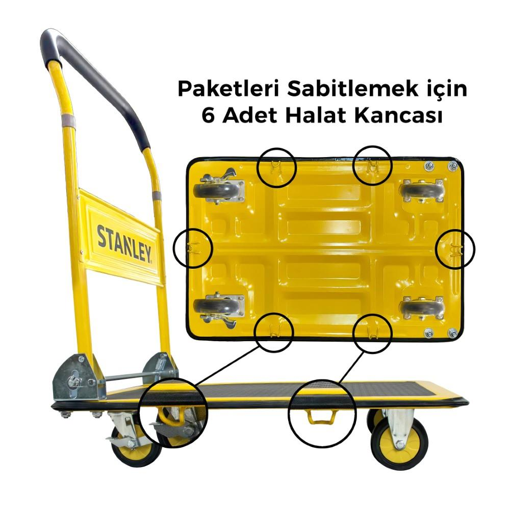 Paketleri sabitlemek için 6 adet halat kancası gösteren sarı Stanley platform el arabası.