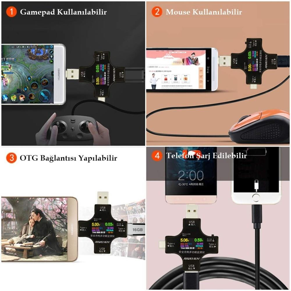 Gamepad, fare, OTG bellek ve şarj cihazı gibi çeşitli USB aygıtlarına bağlı bir akıllı telefonu gösteren dört panel.