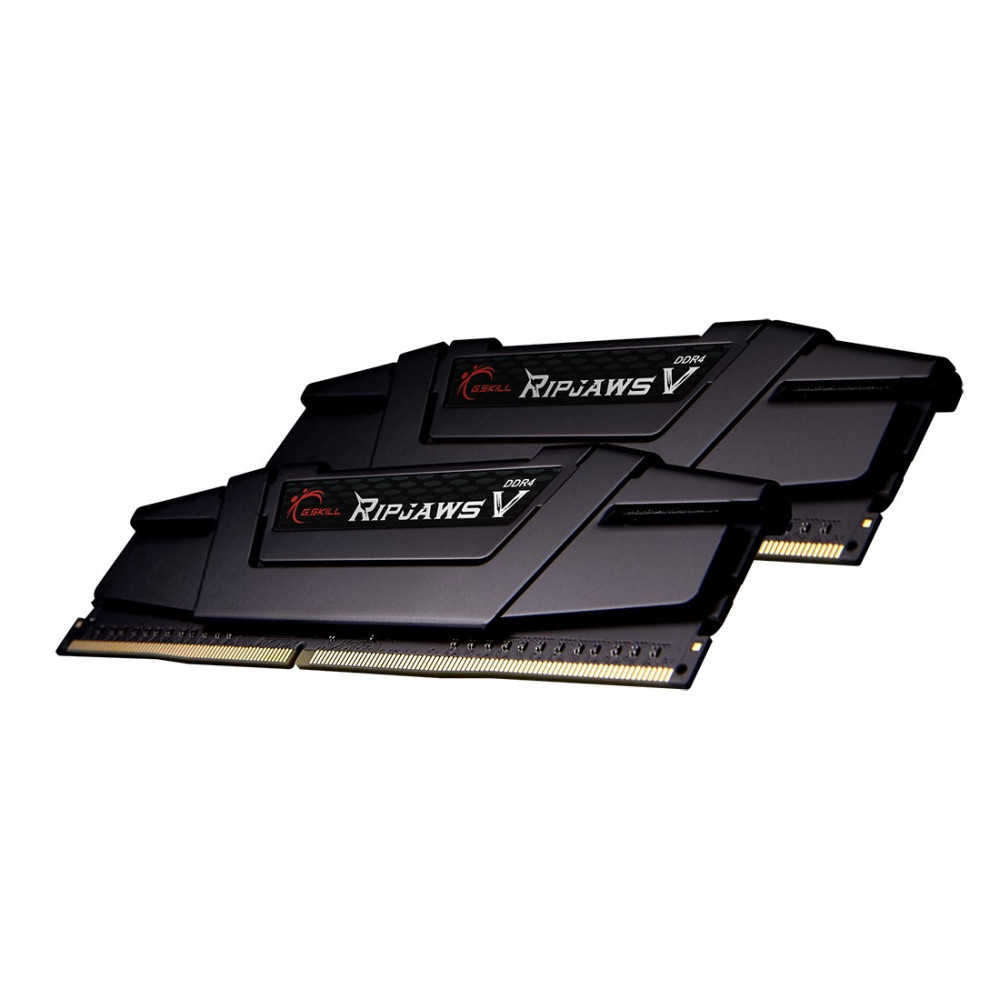 Dwa czarne moduły pamięci RAM DDR4 G.SKILL Ripjaws V z radiatorami na białym tle.