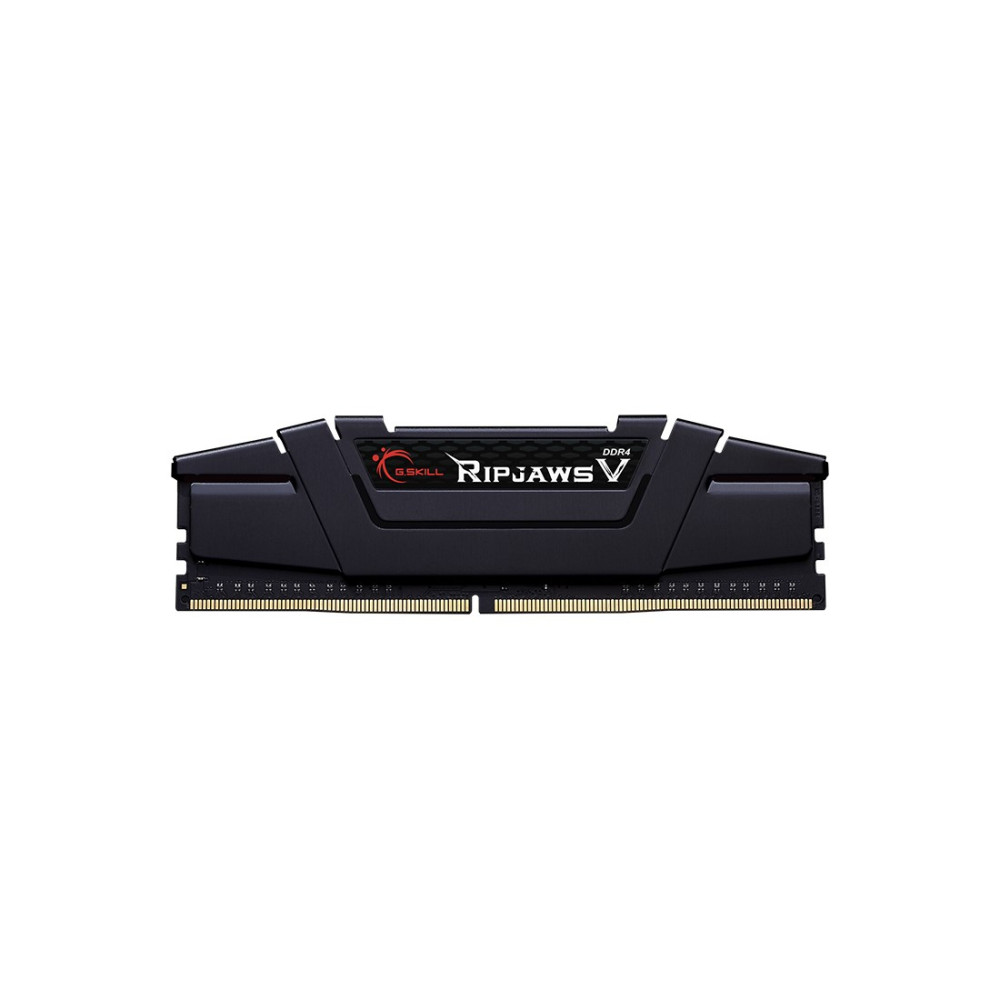 Czarny moduł pamięci RAM DDR4 G.SKILL Ripjaws V z radiatorem na białym tle.