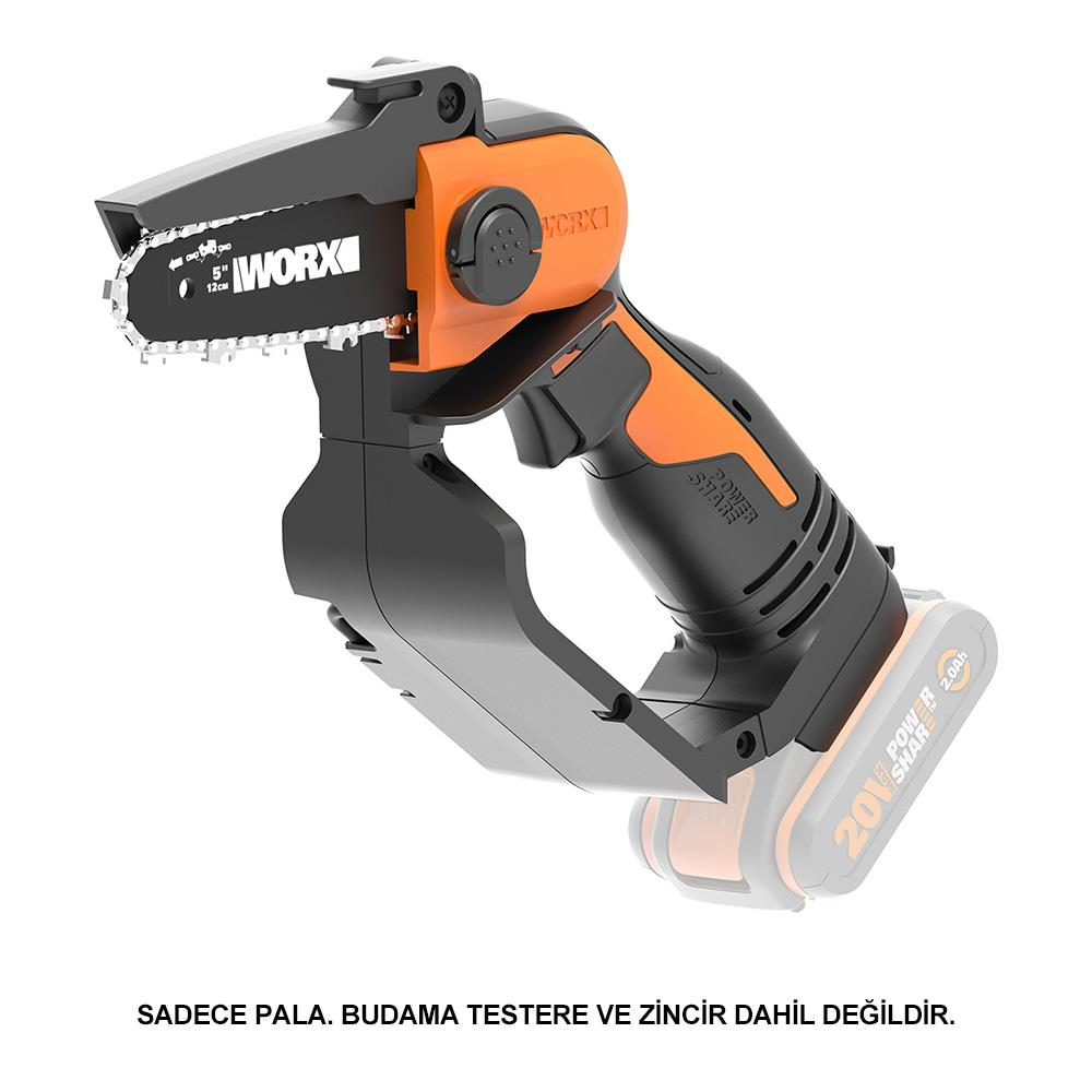 Beyaz arka planda siyah ve turuncu renkli Worx 20V akülü budama testeresi.