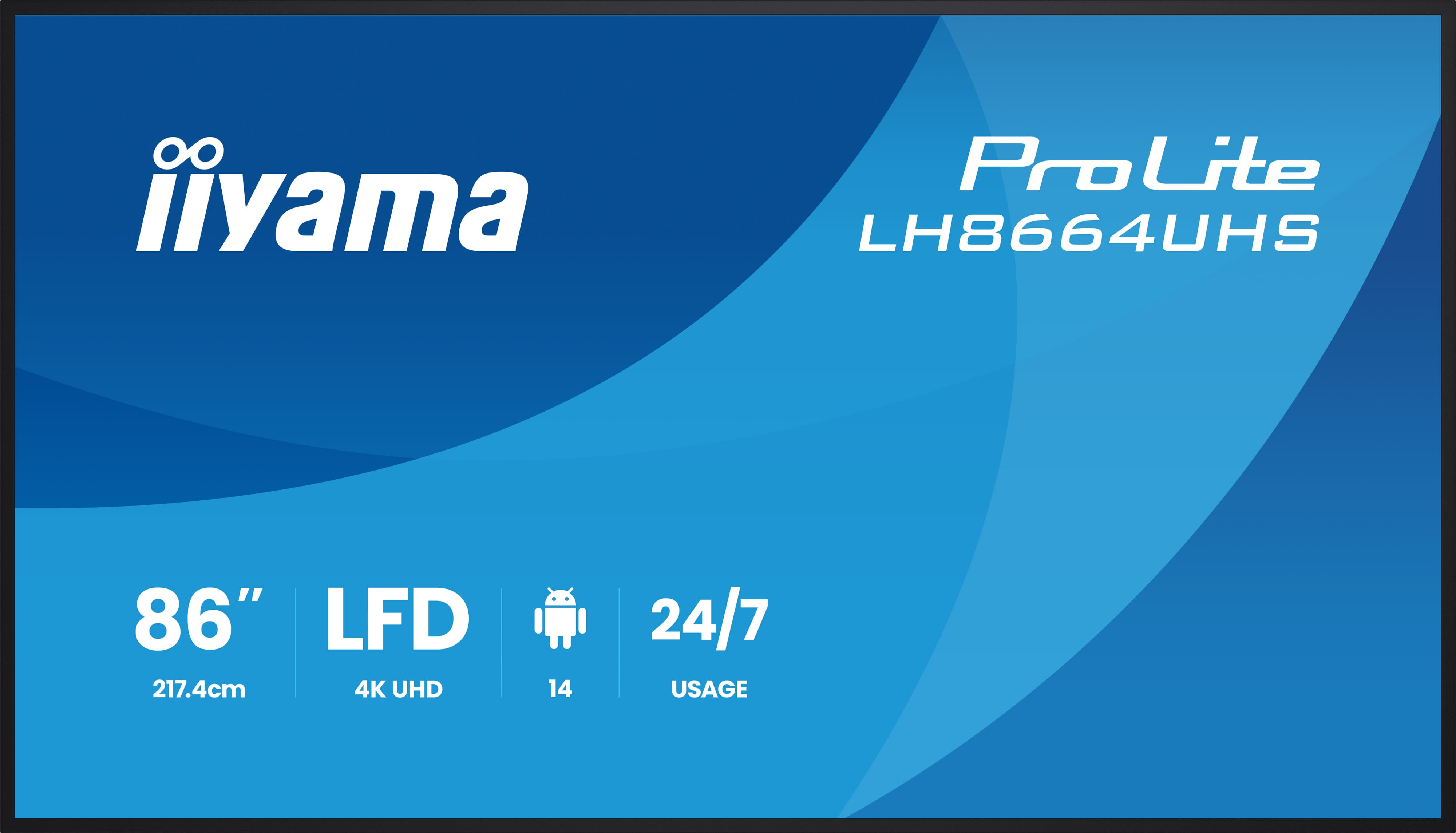 Pantalla azul con logotipo blanco iiyama ProLite LH8664UHS y detalles.