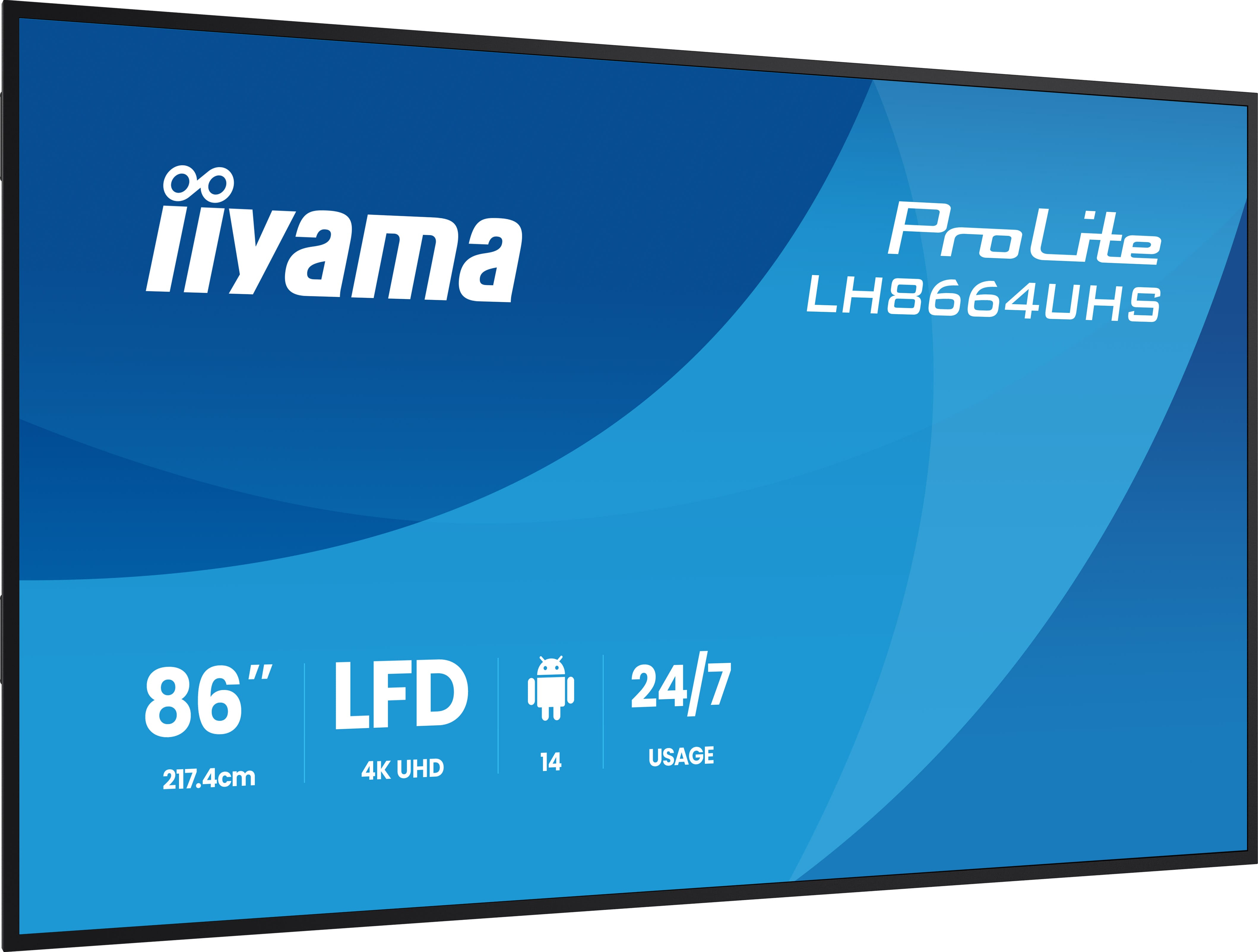 Una pantalla azul iiyama ProLite LH8664UHS muestra logotipos blancos, 86 pulgadas y uso 24/7.