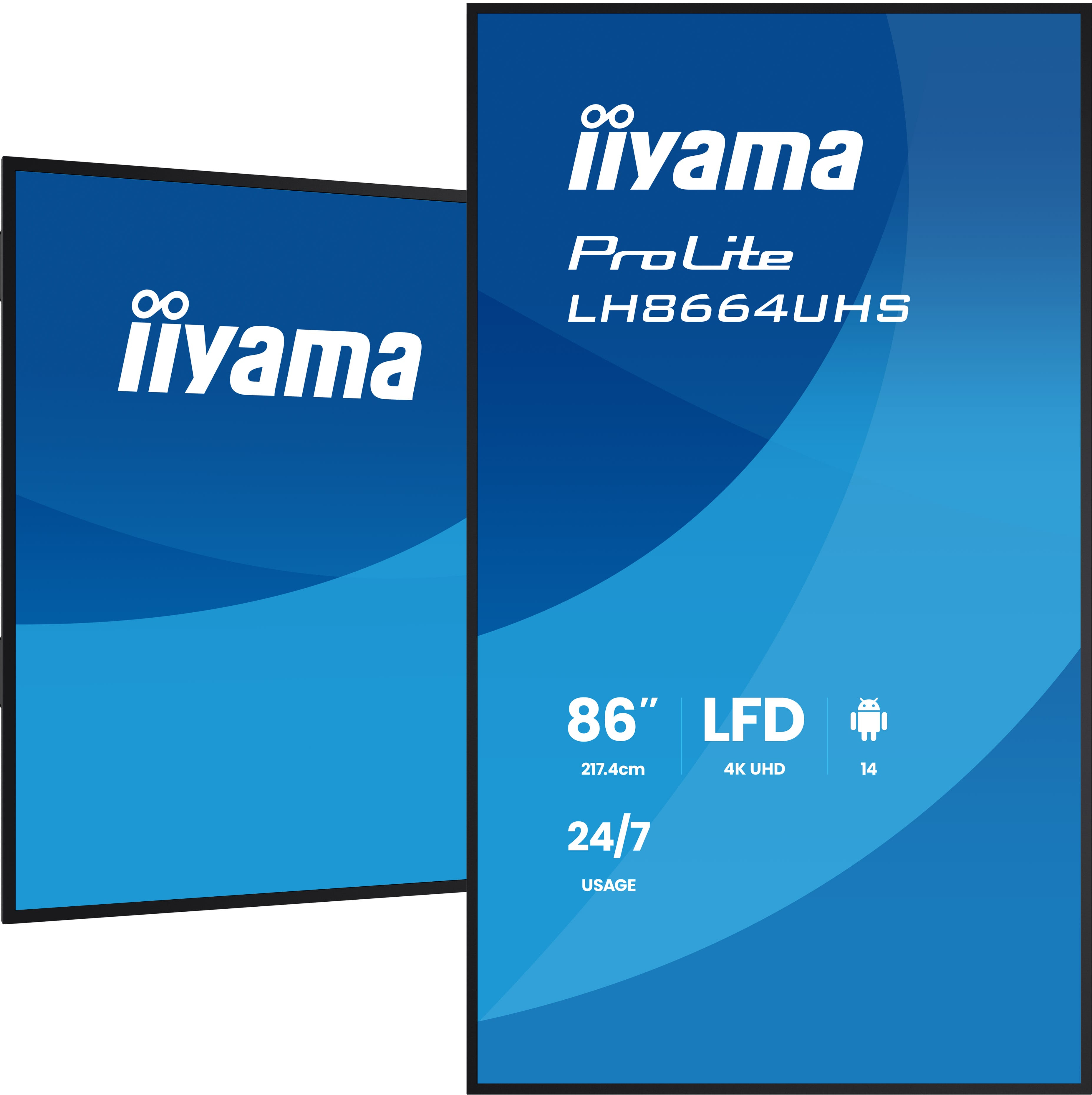 Dos pantallas iiyama ProLite LH8664UHS de 86 pulgadas 4K LFD con pantallas azules y especificaciones.