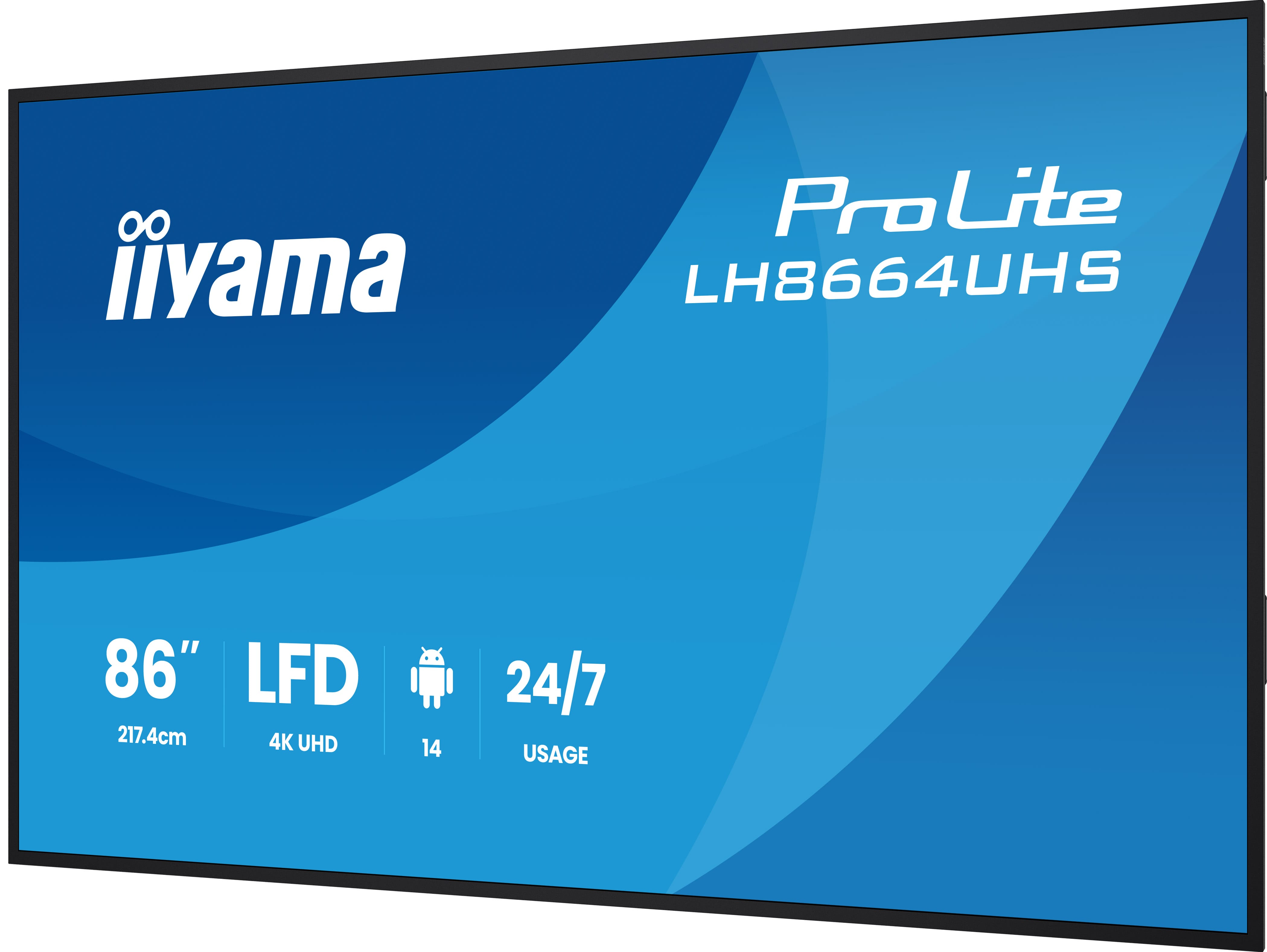 Una pantalla azul Iiyama ProLite LH8664UHS de 86" LFD con Android y uso 24/7.