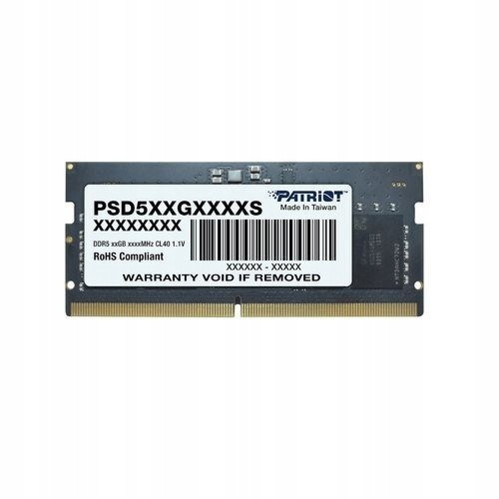 Siyah PCB üzerinde etiket ve barkod bulunan bir Patriot DDR5 RAM modülü.