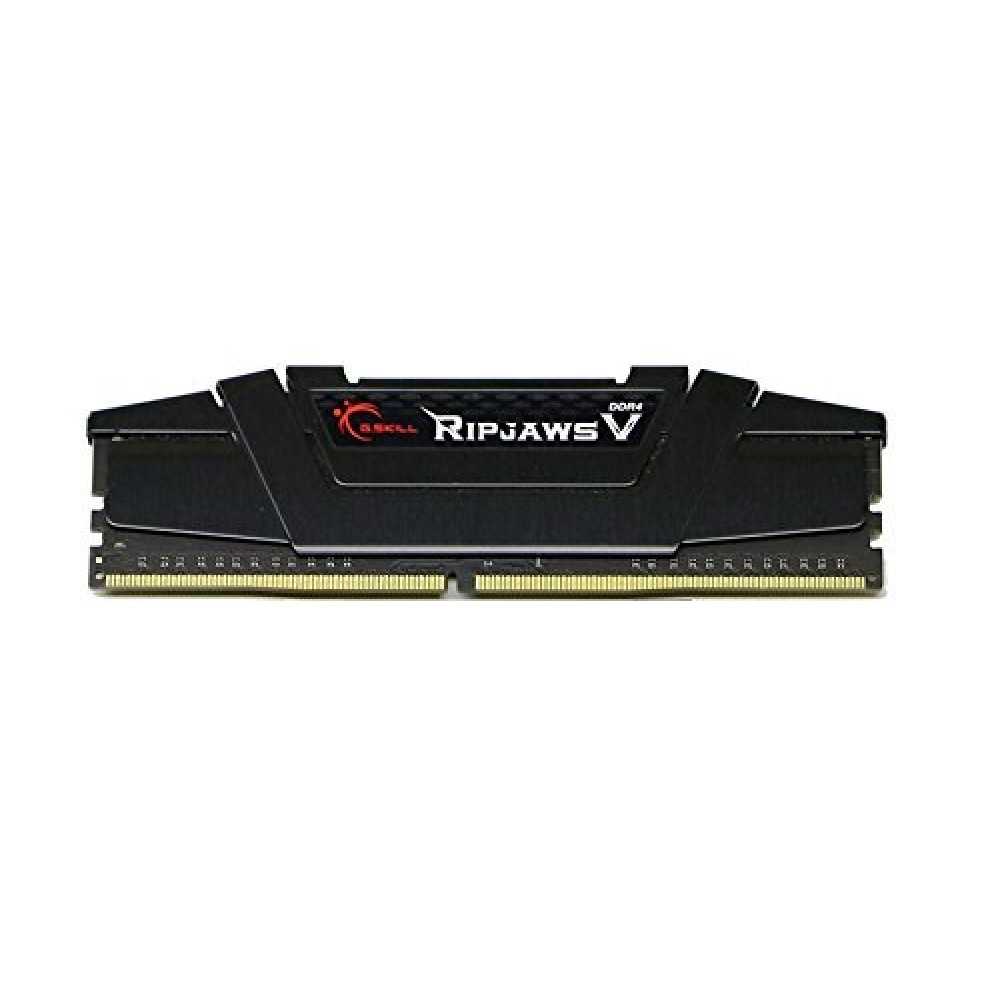 Czarny moduł RAM DDR4 G.Skill Ripjaws V z radiatorem i złotymi stykami na białym tle.