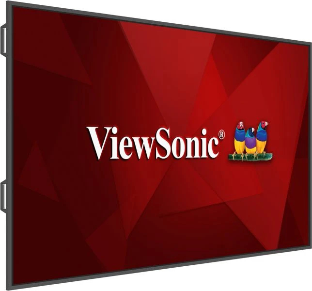 Pantalla ViewSonic con fondo geométrico rojo y tres pájaros coloridos.