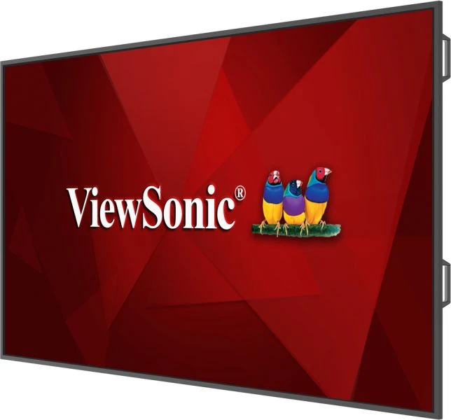 Pantalla ViewSonic con fondo rojo y tres pájaros coloridos.
