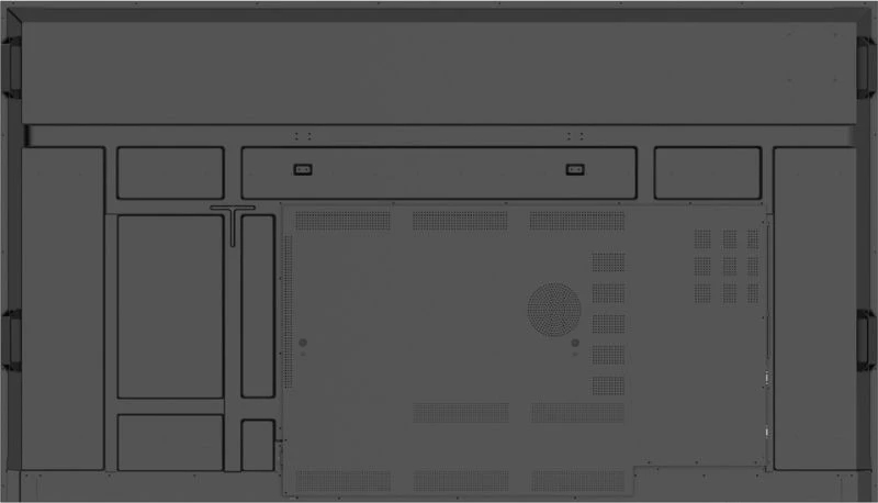 Panel trasero de una pantalla grande oscura con rejillas de ventilación y puertos.
