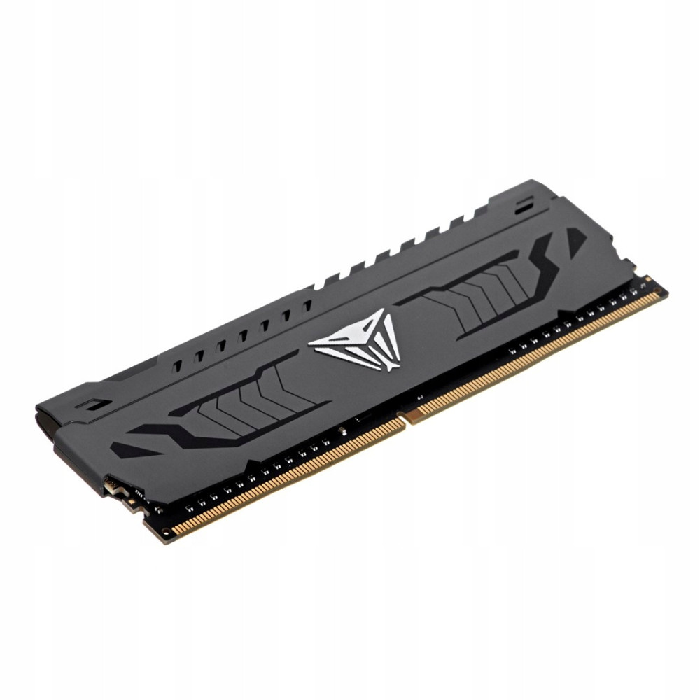 Un banco di RAM nero con logo argentato e dissipatore su sfondo bianco.