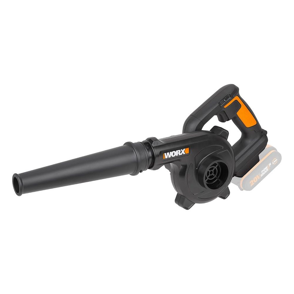 Un souffleur de feuilles sans fil Worx noir avec des accents orange sur fond blanc.