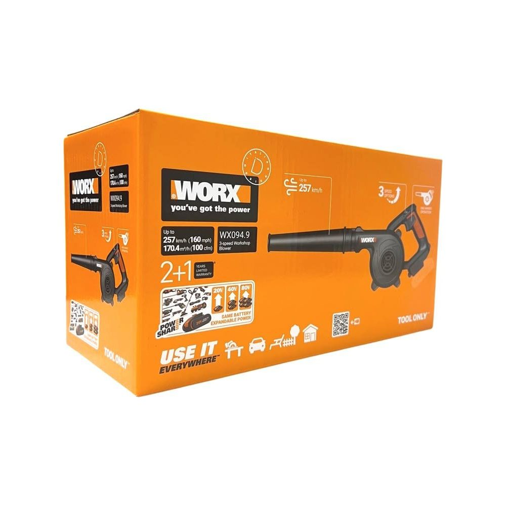 Une boîte orange et noire Worx présente un souffleur de feuilles sans fil, des spécifications techniques et des icônes.