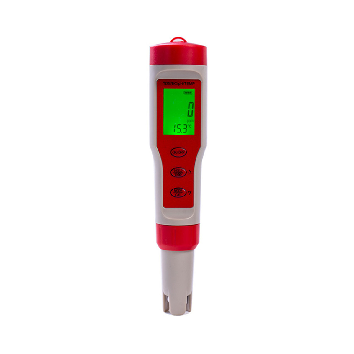Ein weiß-rotes digitales Messgerät mit grünem Display auf weißem Grund.