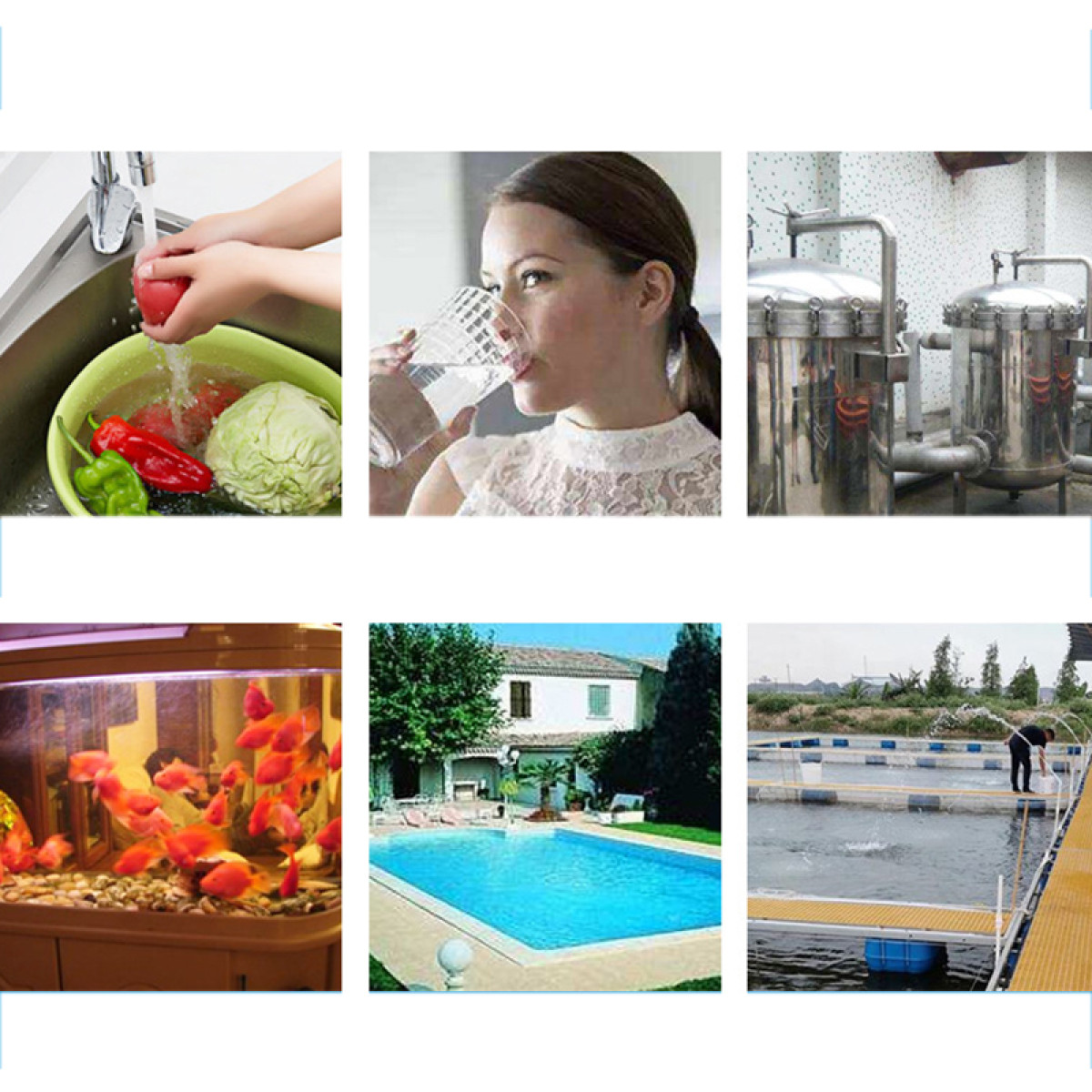 Sechs Bilder zeigen Wasseranwendungen: Gemüsewäsche, Trinken, Filtersysteme, Aquarium, Pool und Fischzucht.