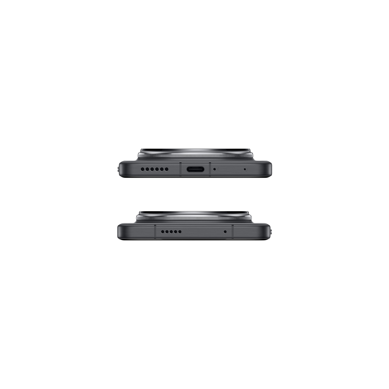 Zwei schwarze Smartphones mit hervorstehenden Kameras und Anschlüssen auf schwarzem Hintergrund.