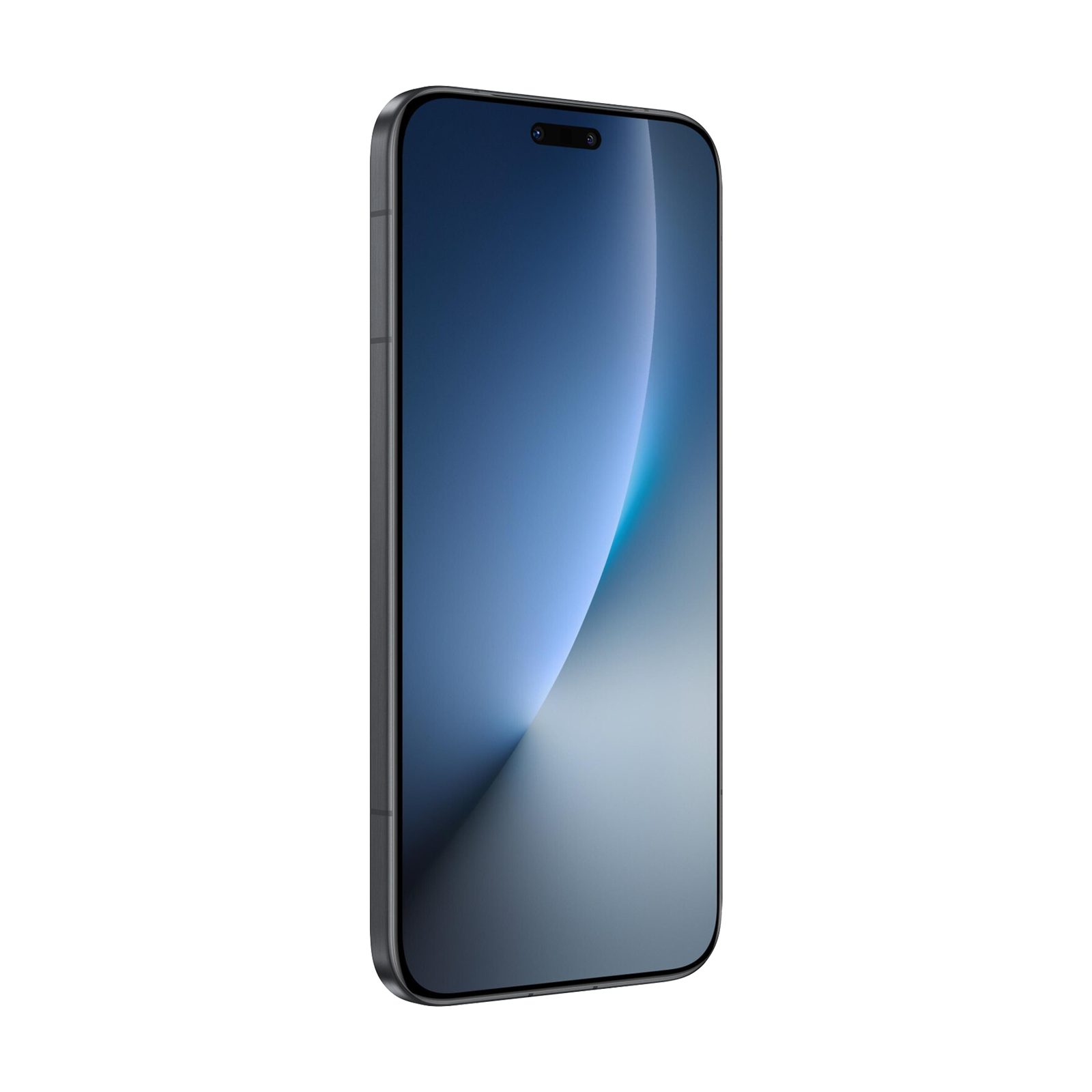 Smartfon z niebieską, abstrakcyjną tapetą na ekranie jest pokazany na czarnym tle.