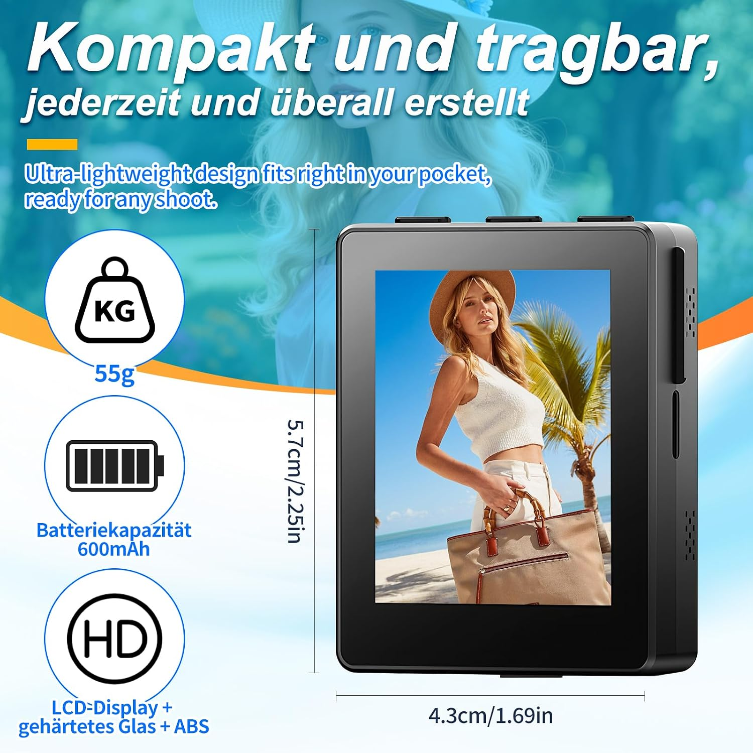 Kompaktes Taschengerät mit Maßen, 55g Gewicht, 600mAh Akku und LCD-Bildschirm mit Strandfoto.