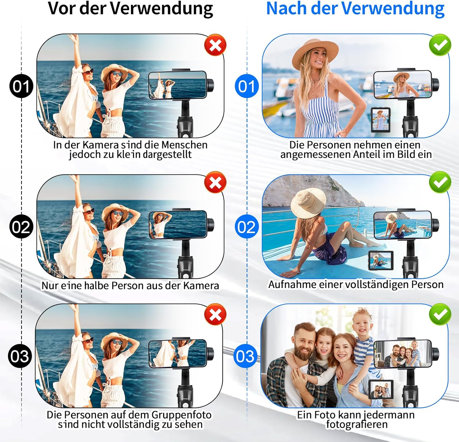 Vergleichsbilder zeigen gute und schlechte Fotokompositionen mit einem Smartphone-Gimbal.