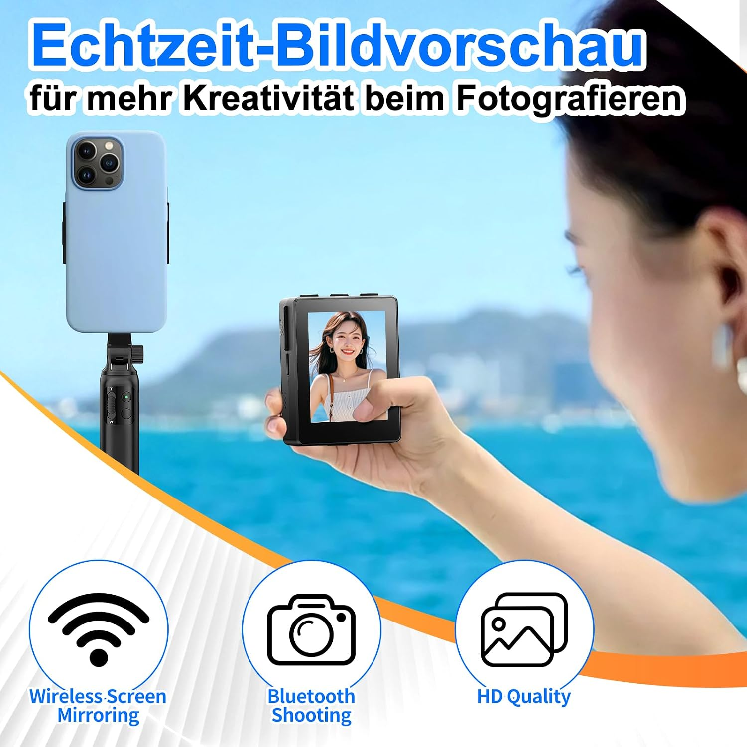 Eine Frau hält eine kleine Kamera mit Bildschirm, während eine Smartphonehalterung und Symbole für Funktionen zu sehen sind.