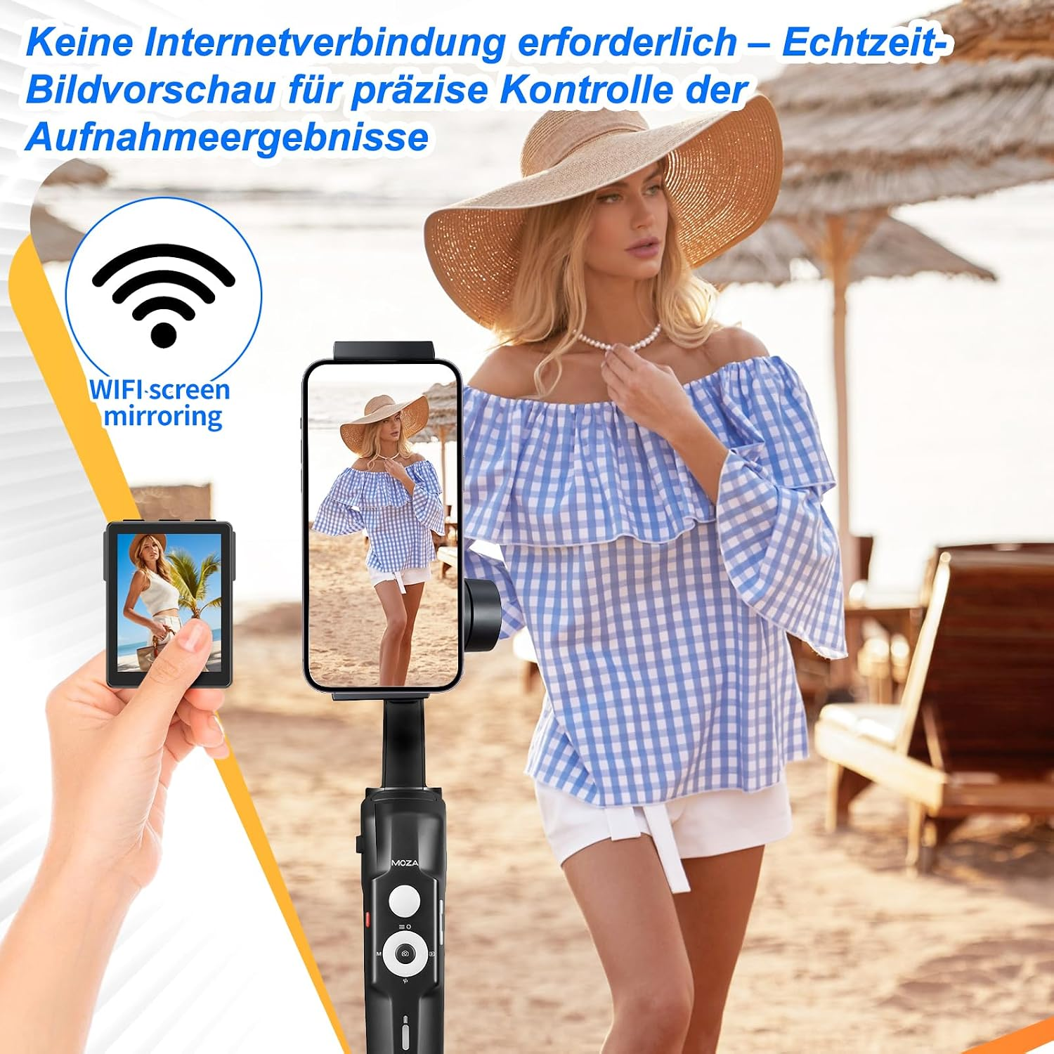 Eine Frau in blau-weißem Oberteil wird von einem Gimbal mit Smartphone und Fernbedienung am Strand aufgenommen.